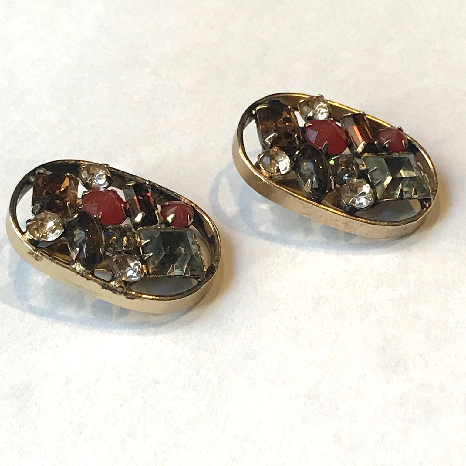Schreiner 1950s Antique Gold and Rhinestone Earrings 5