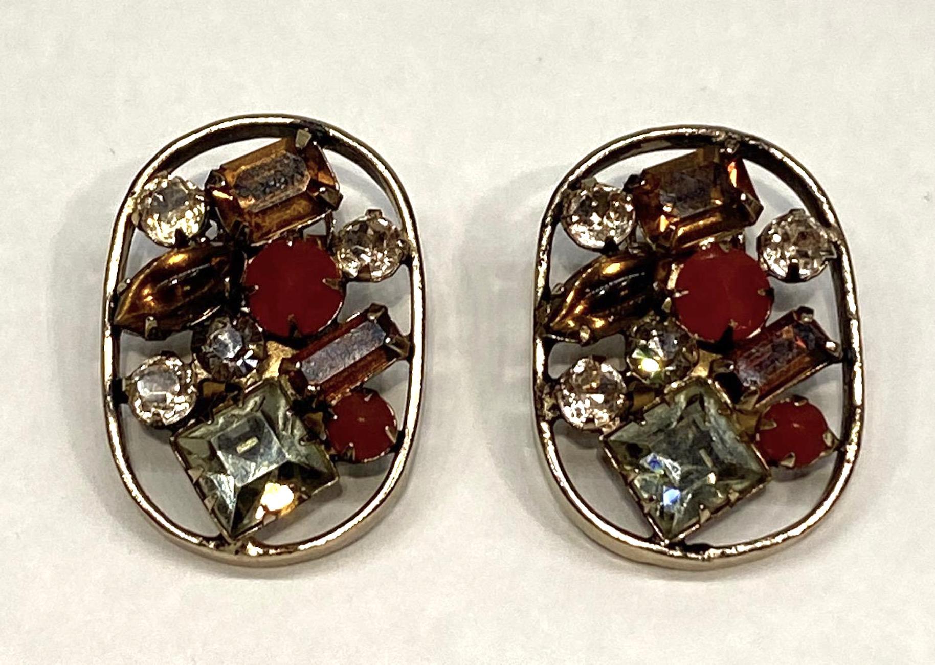 Schreiner 1950s Antique Gold and Rhinestone Earrings 9