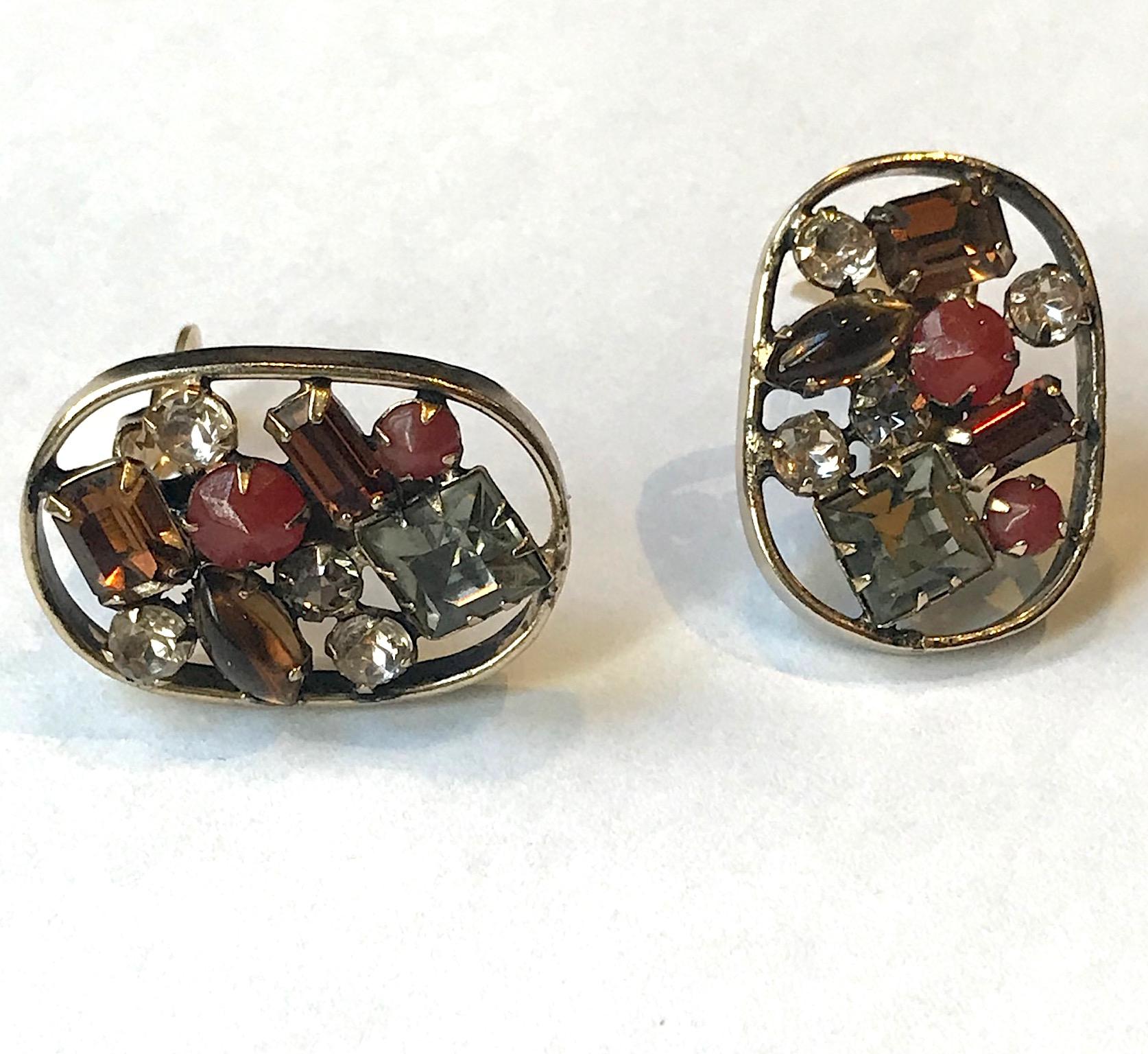 Schreiner 1950s Antique Gold and Rhinestone Earrings 2