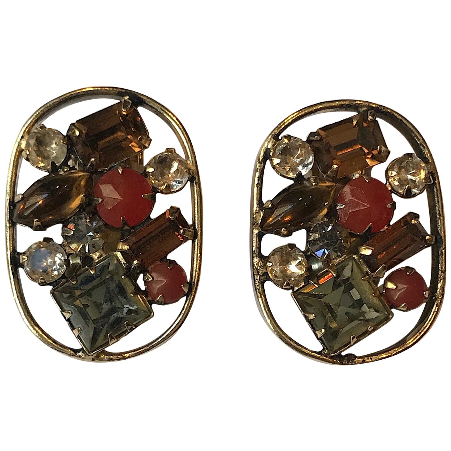 Schreiner 1950s Antique Gold and Rhinestone Earrings