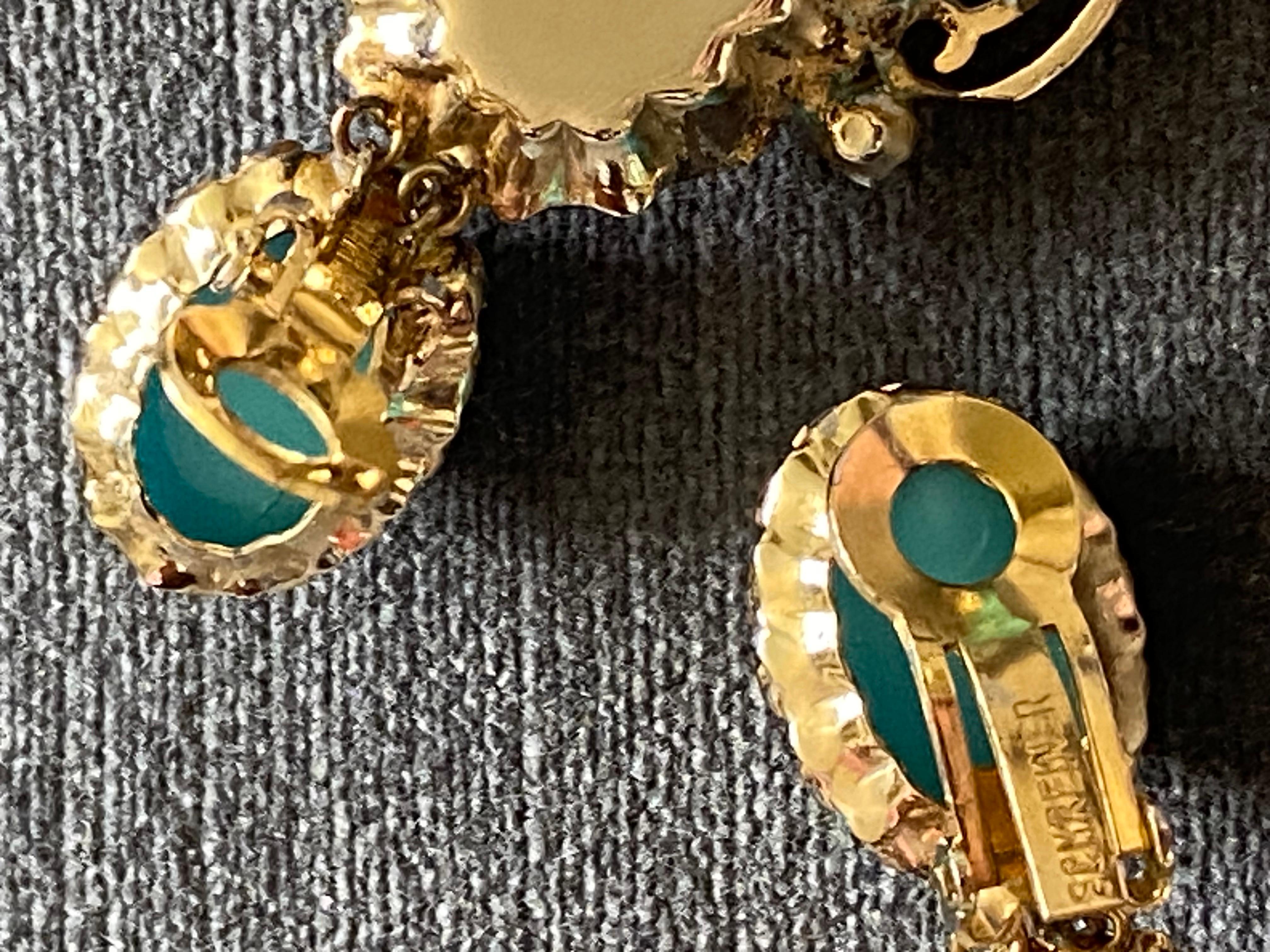 Schreiner 1950s Turquoise & Coral Cabochon & Rhinestone 1950s Chandelier Earring 7