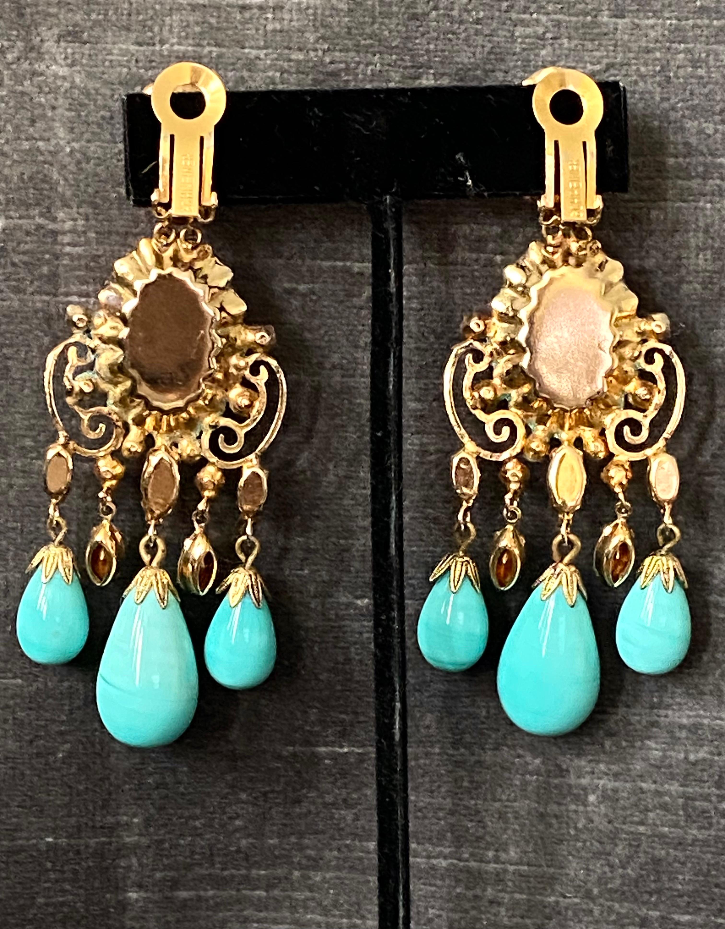 Schreiner 1950s Turquoise & Coral Cabochon & Rhinestone 1950s Chandelier Earring 8