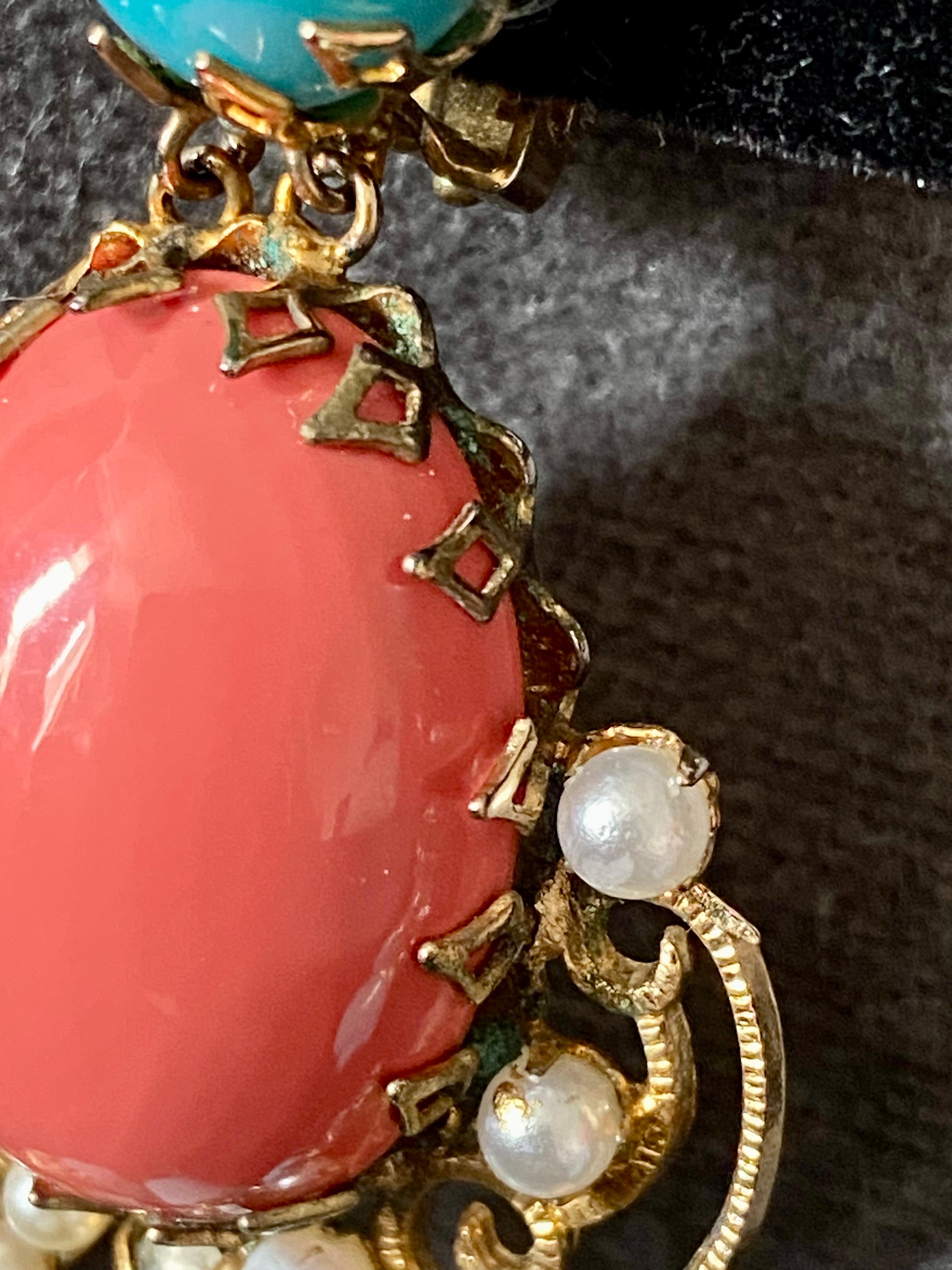 Schreiner 1950s Turquoise & Coral Cabochon & Rhinestone 1950s Chandelier Earring 9