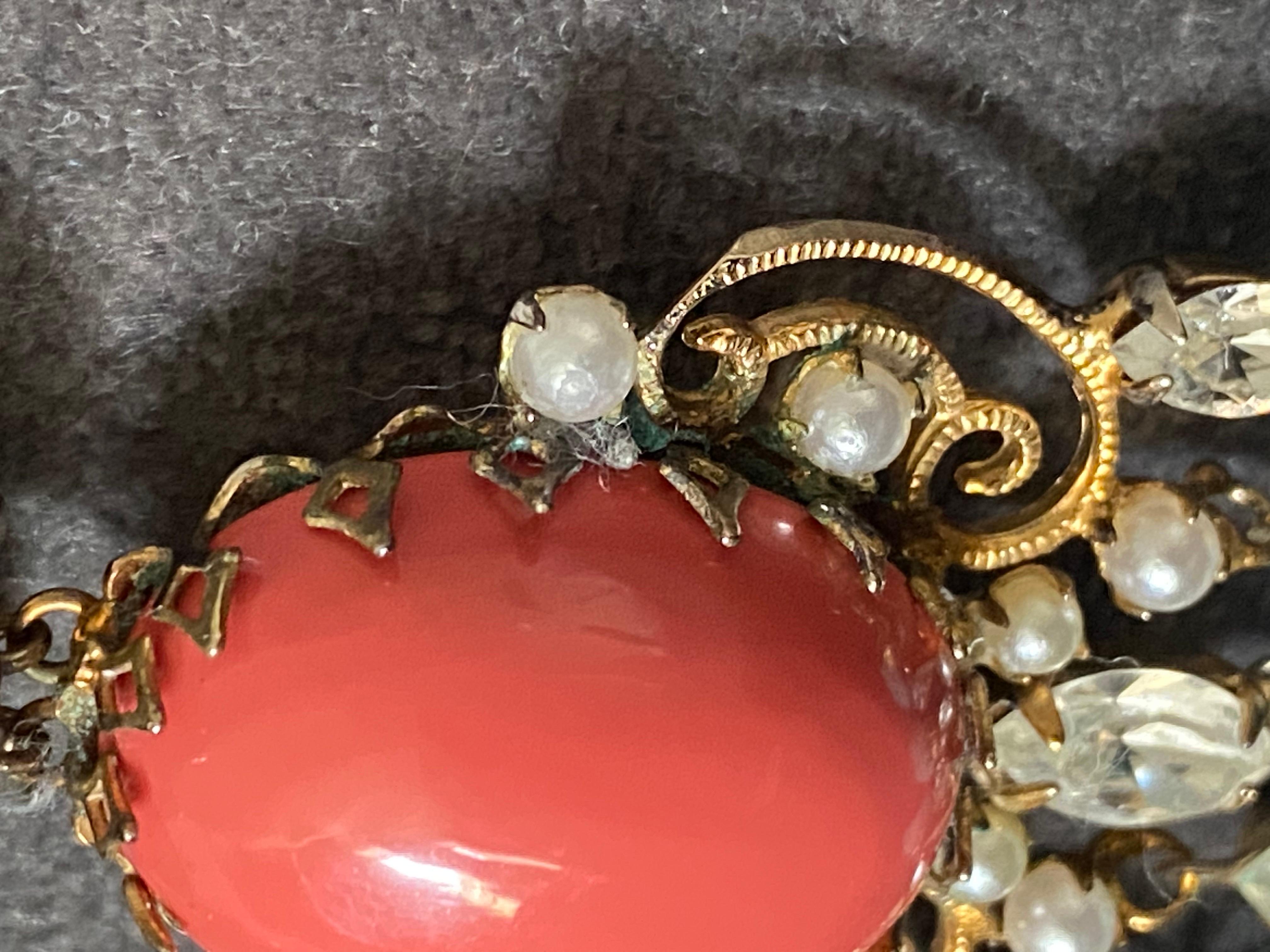 Schreiner 1950s Turquoise & Coral Cabochon & Rhinestone 1950s Chandelier Earring 10