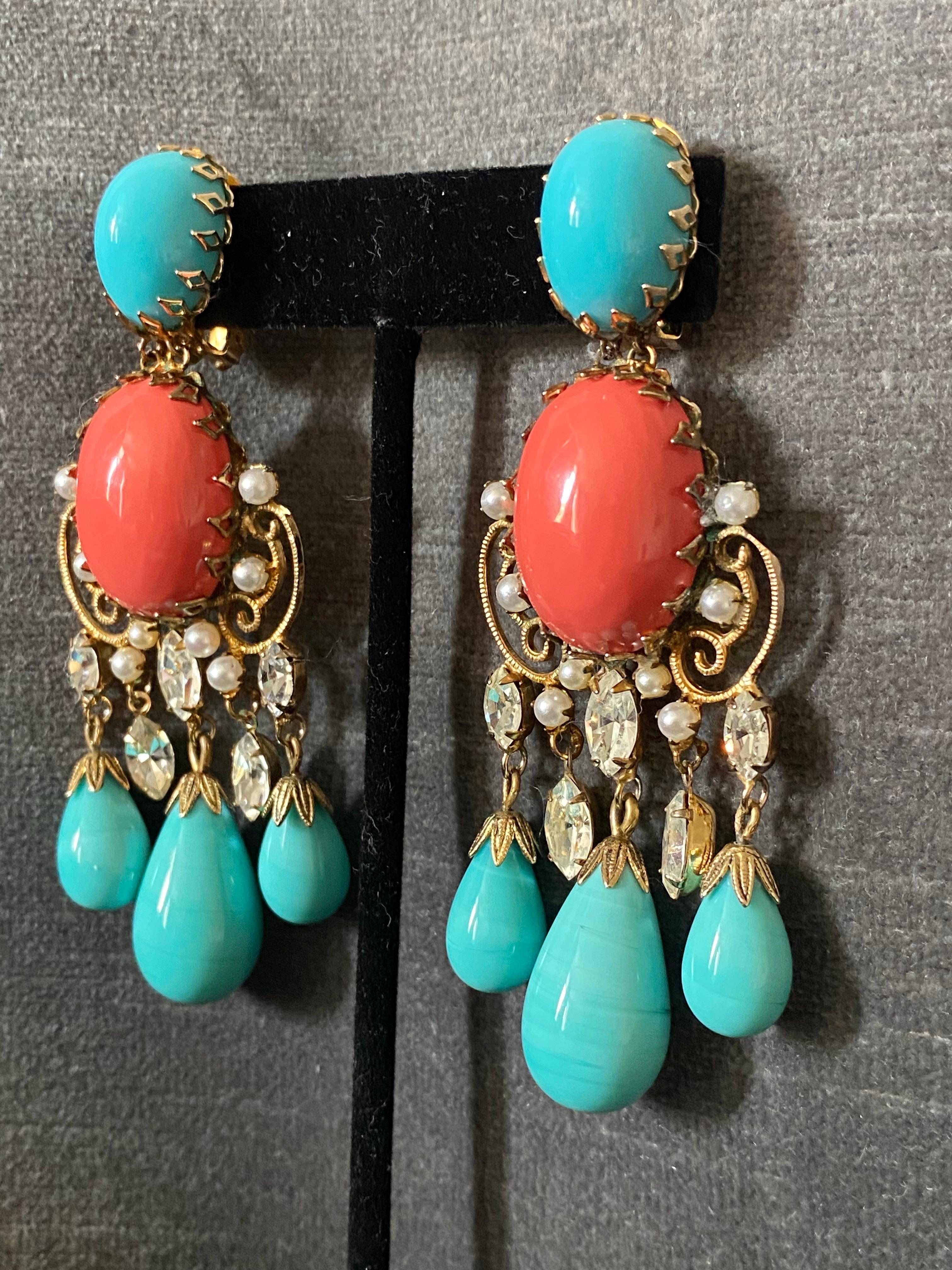 Schreiner 1950s Turquoise & Coral Cabochon & Rhinestone 1950s Chandelier Earring 11