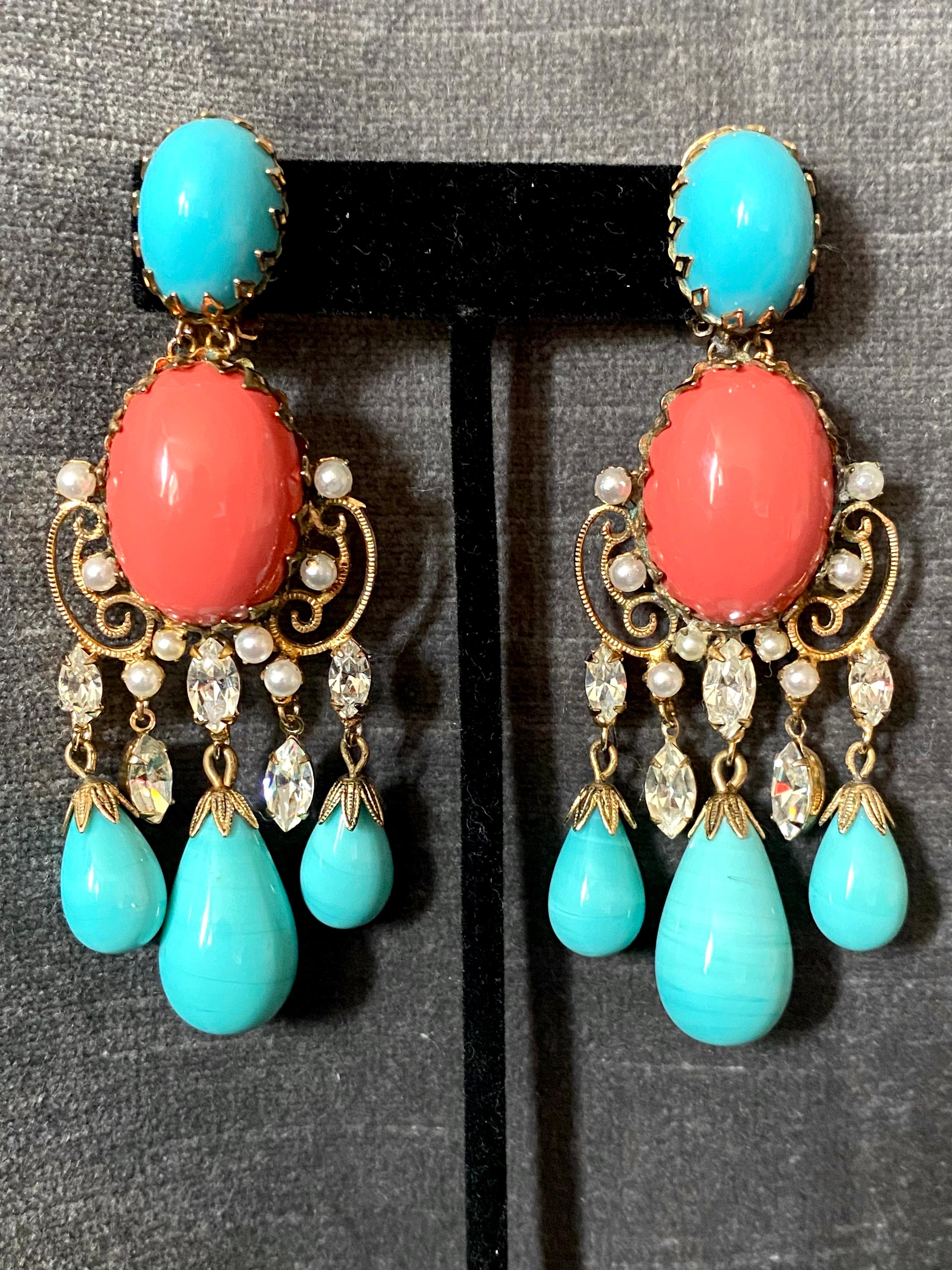Schreiner 1950s Turquoise & Coral Cabochon & Rhinestone 1950s Chandelier Earring 13