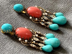 Schreiner 1950s Turquoise & Coral Cabochon & Rhinestone 1950s Chandelier Earring