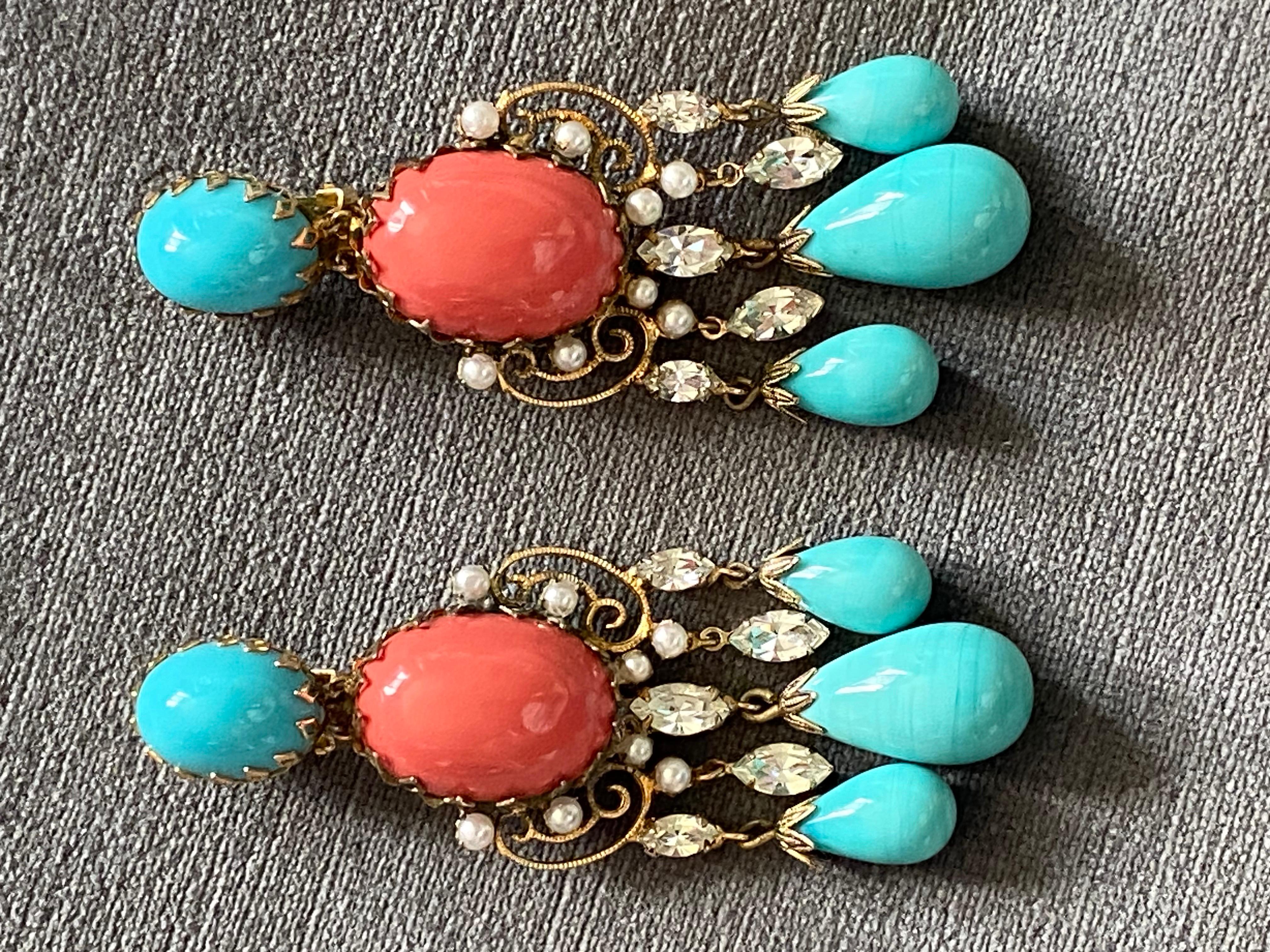 Schreiner 1950s Turquoise & Coral Cabochon & Rhinestone 1950s Chandelier Earring In Good Condition In New York, NY