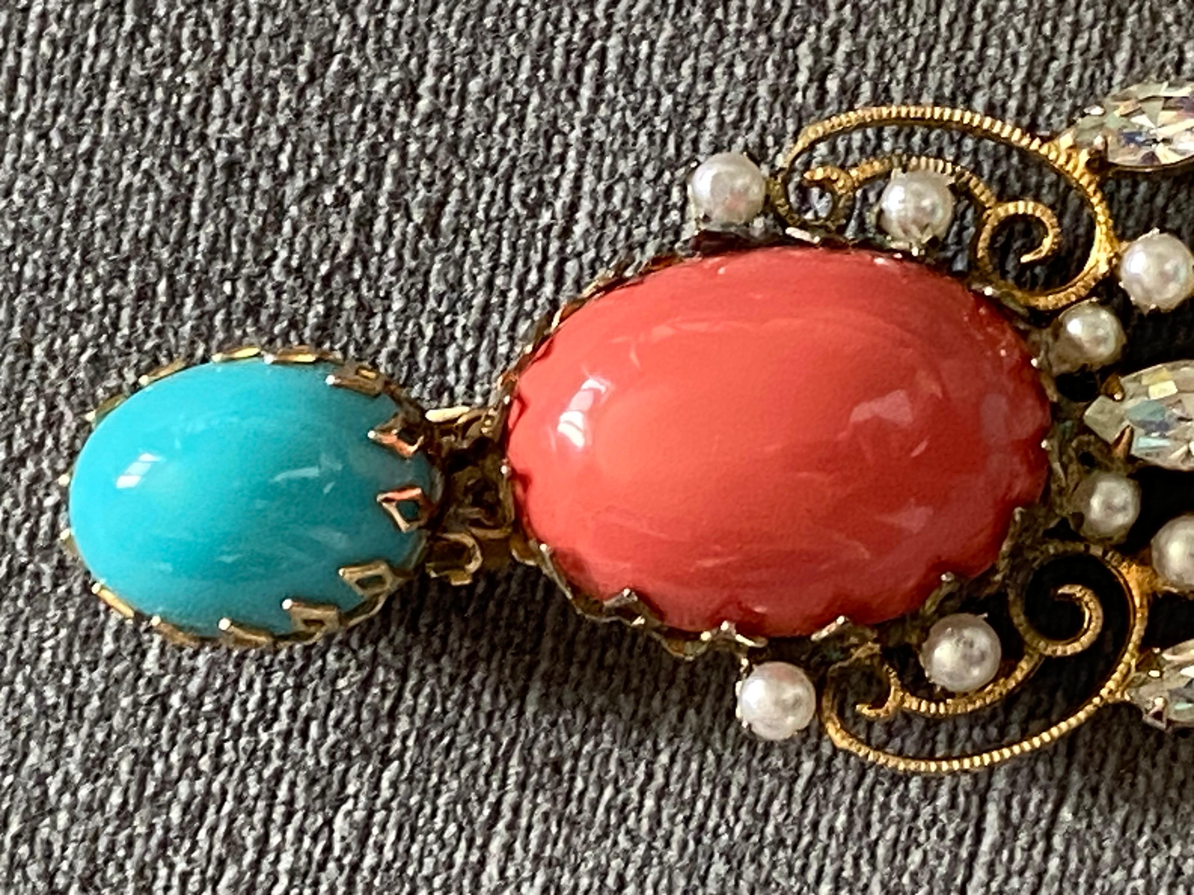 Women's Schreiner 1950s Turquoise & Coral Cabochon & Rhinestone 1950s Chandelier Earring
