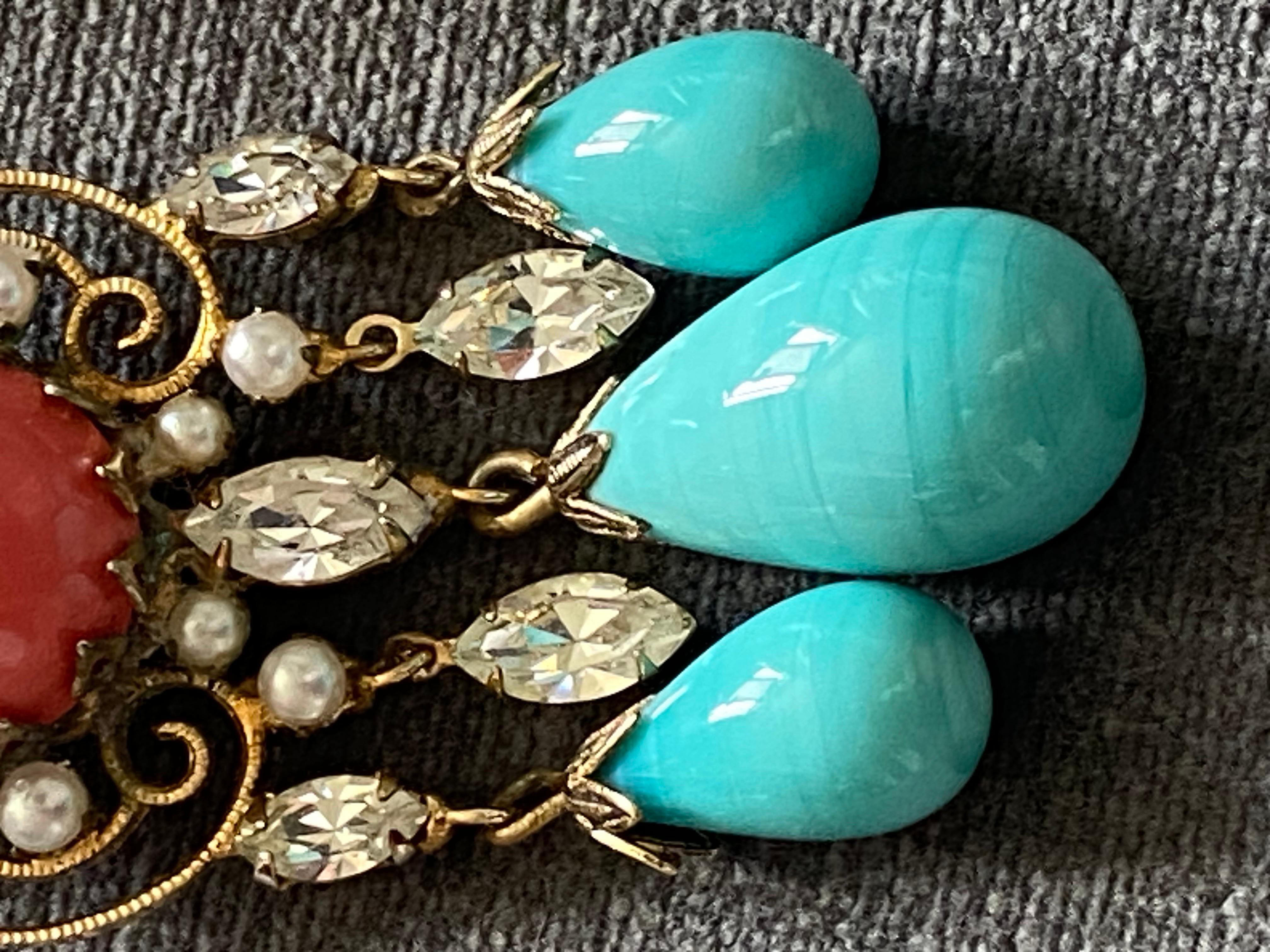 Schreiner 1950s Turquoise & Coral Cabochon & Rhinestone 1950s Chandelier Earring 1