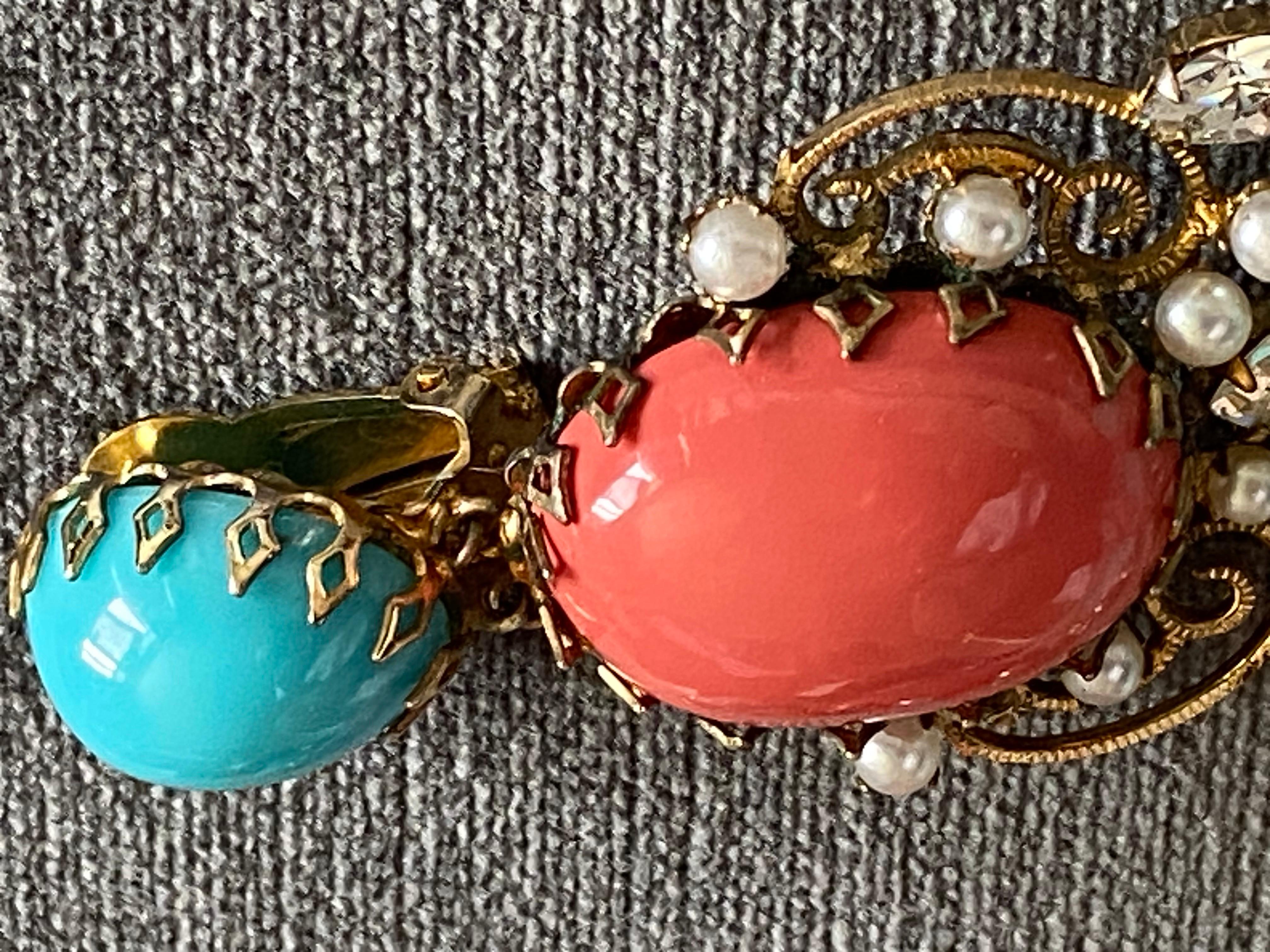 Schreiner 1950s Turquoise & Coral Cabochon & Rhinestone 1950s Chandelier Earring 2