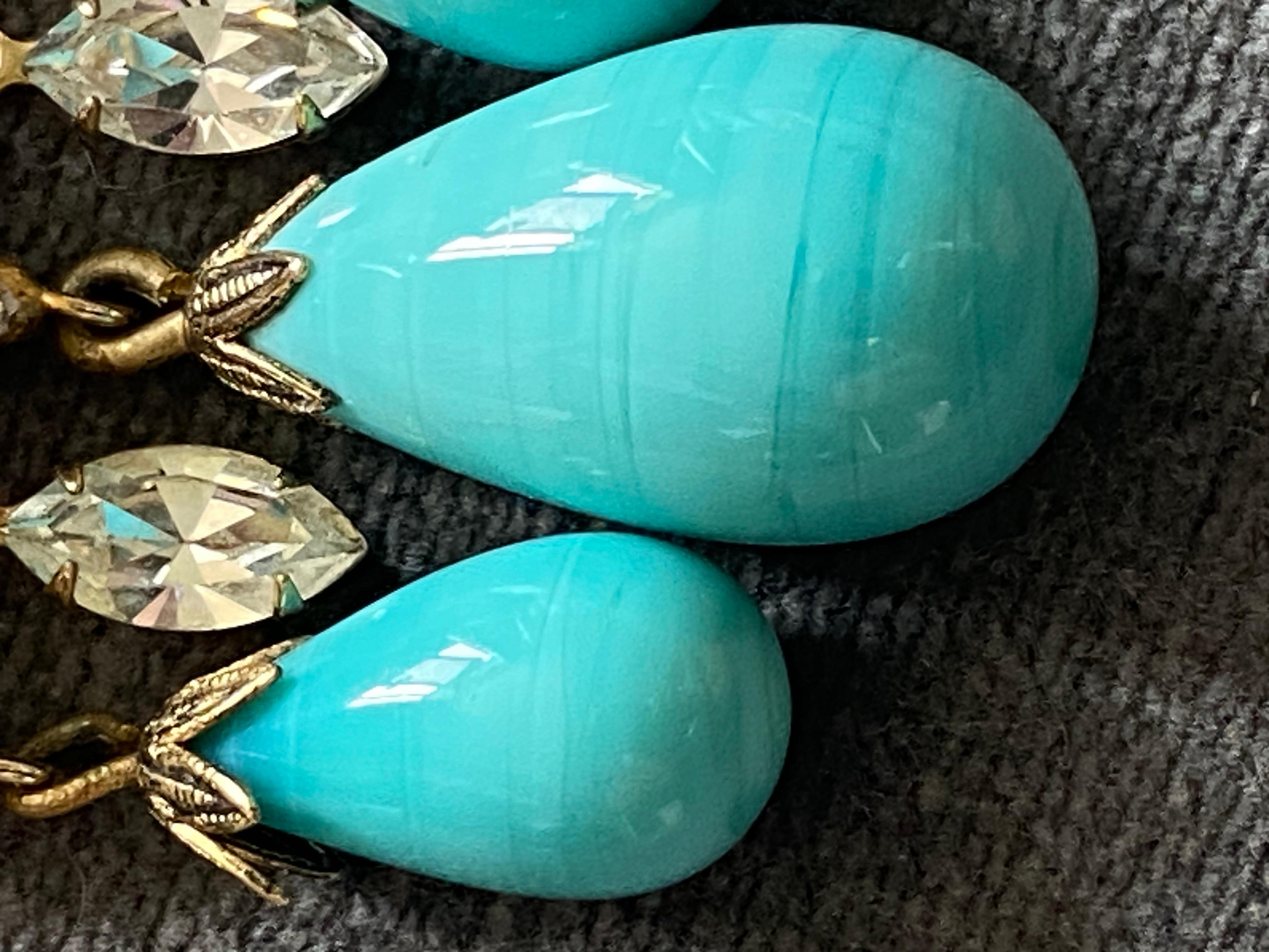 Schreiner 1950s Turquoise & Coral Cabochon & Rhinestone 1950s Chandelier Earring 3