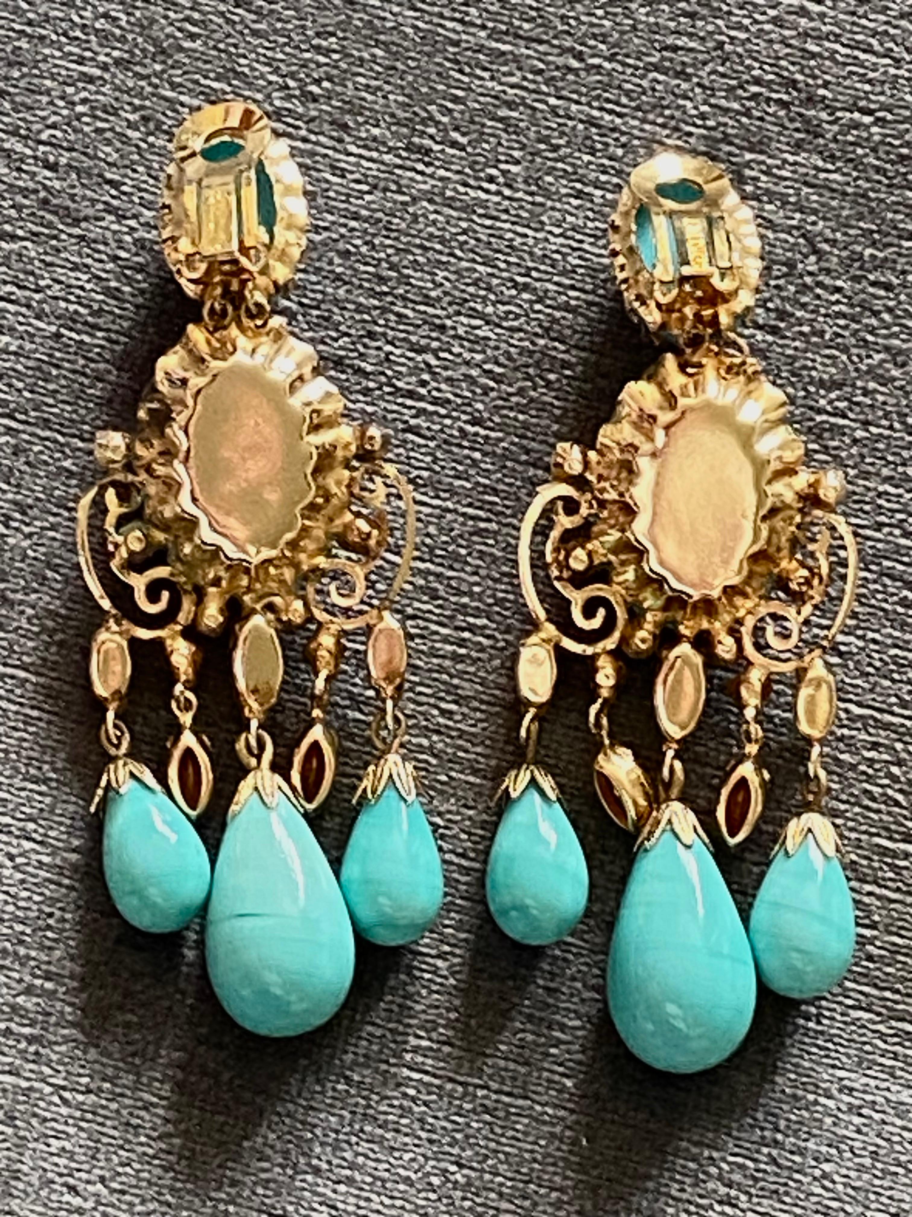 Schreiner 1950s Turquoise & Coral Cabochon & Rhinestone 1950s Chandelier Earring 4