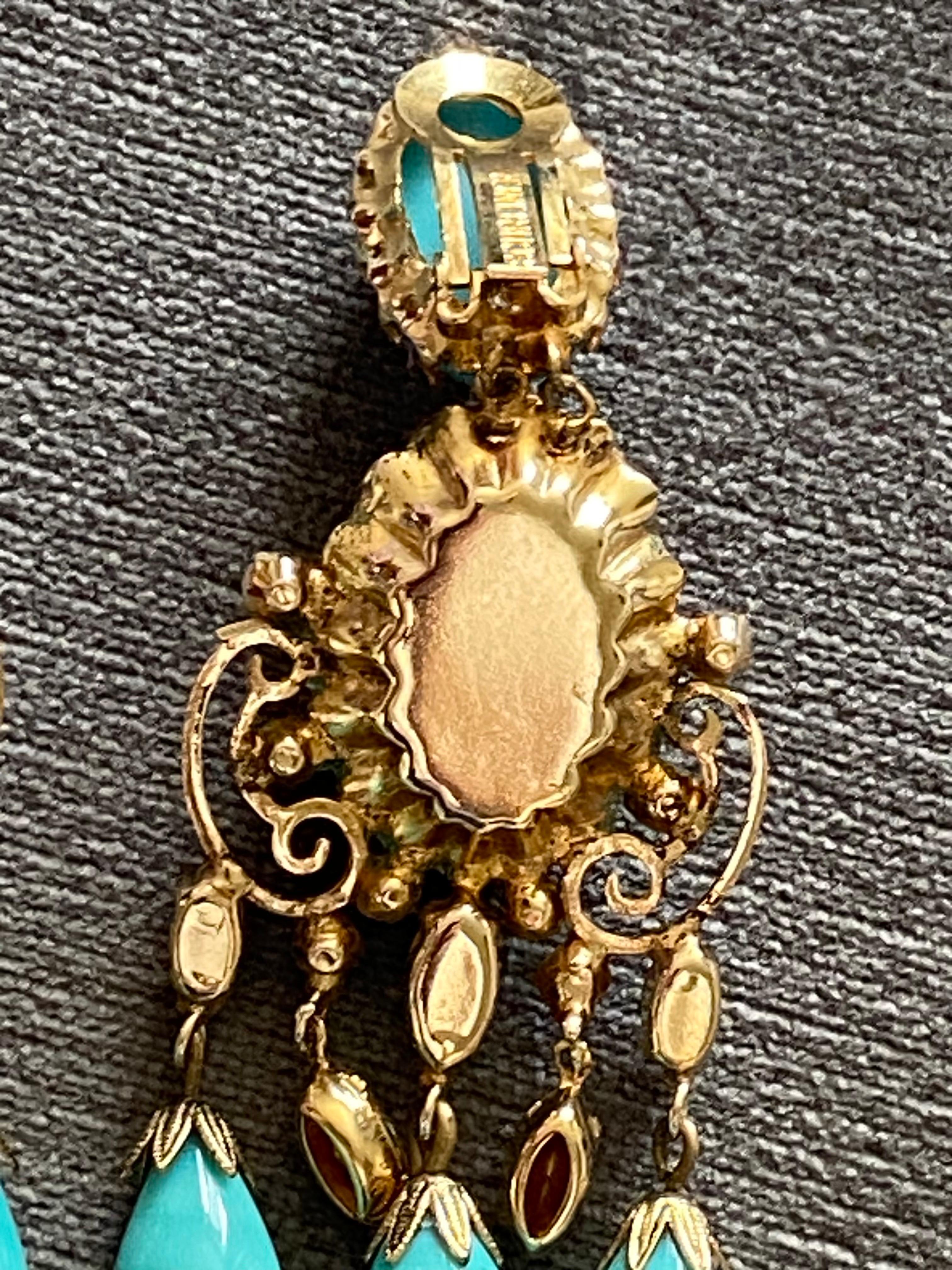 Schreiner 1950s Turquoise & Coral Cabochon & Rhinestone 1950s Chandelier Earring 5