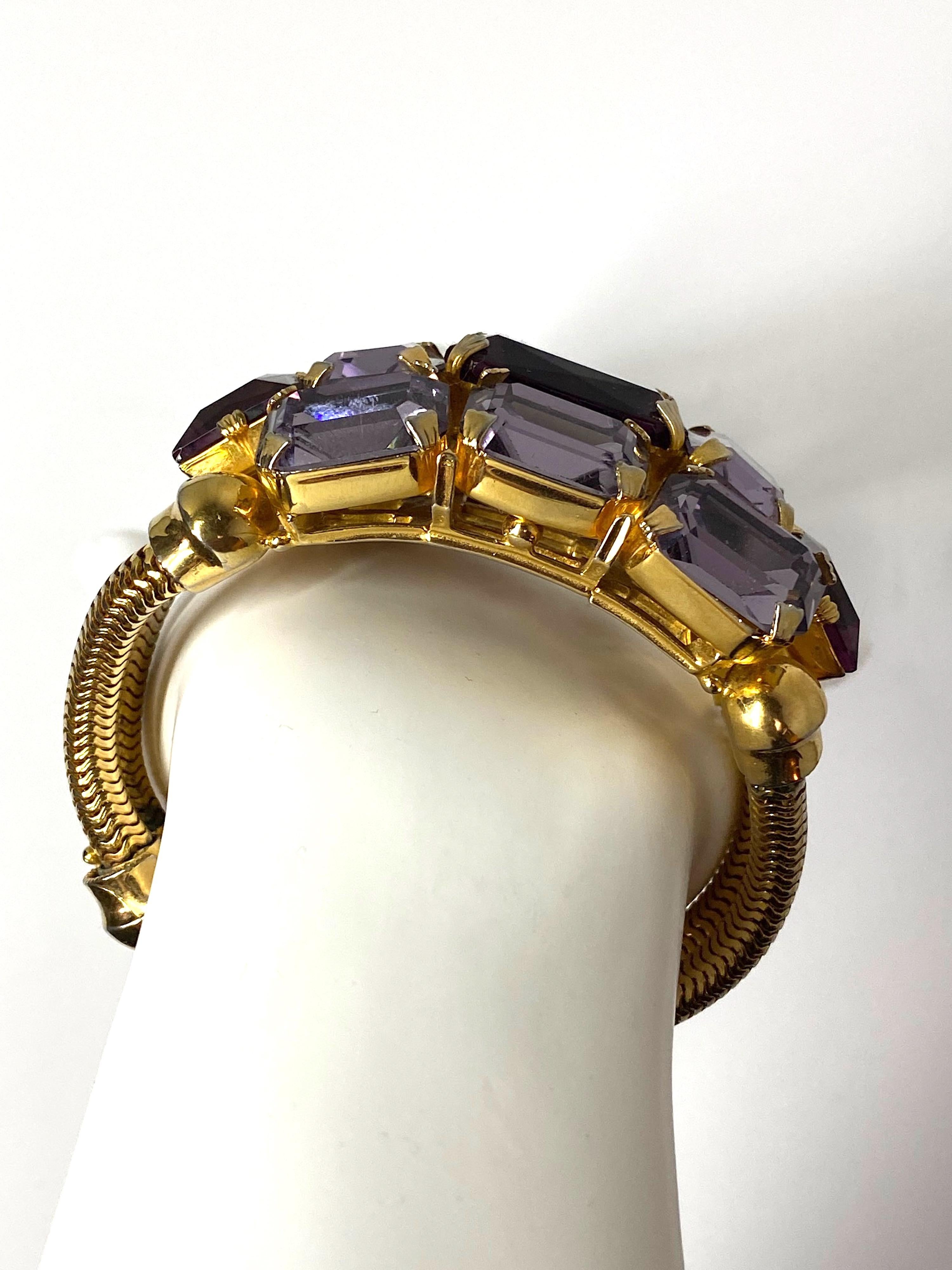 Schreiner (Attr.) Gold, Purple Crystal and Lavender Rhinestone 1950s Bracelet 7