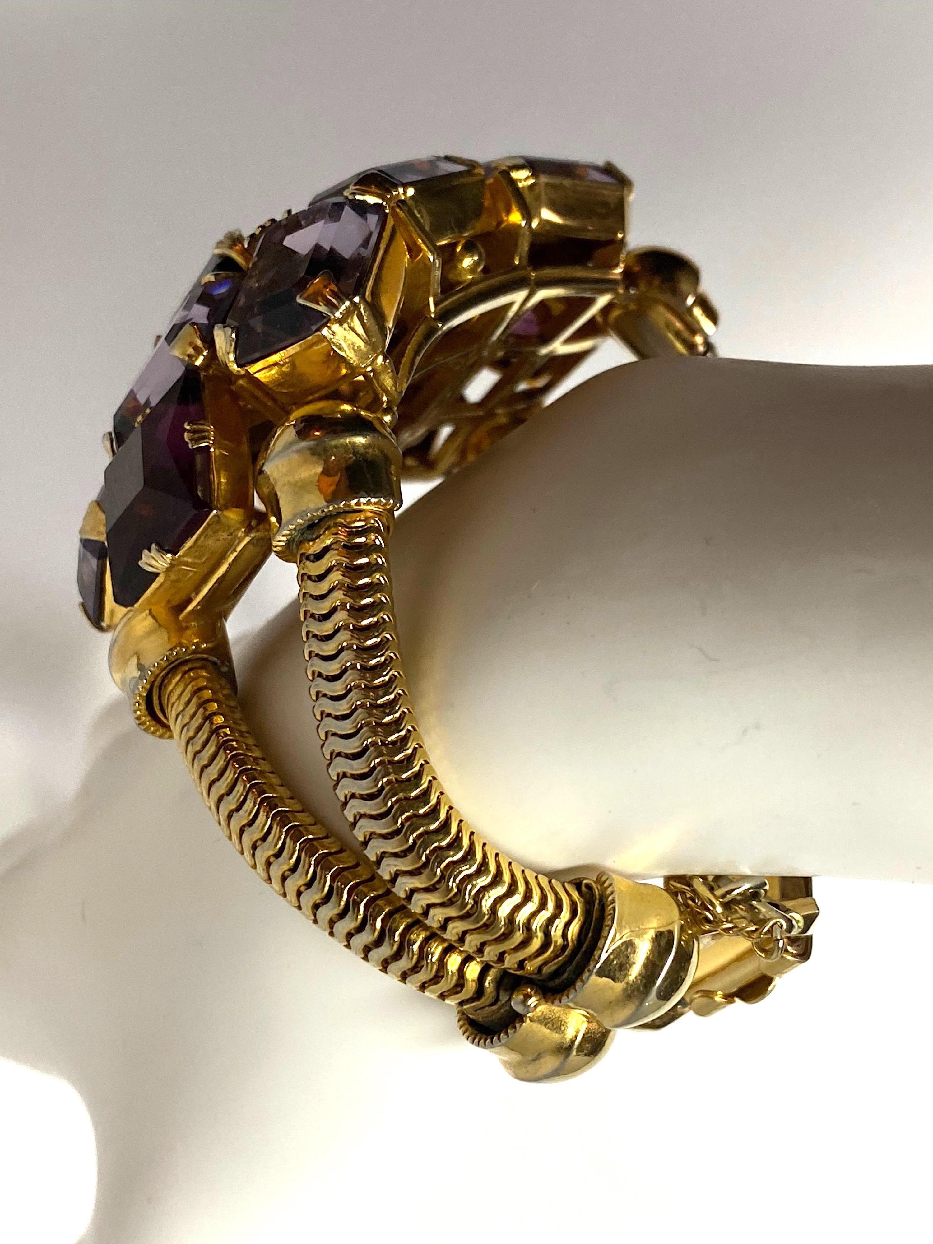 Schreiner (Attr.) Gold, Purple Crystal and Lavender Rhinestone 1950s Bracelet 9