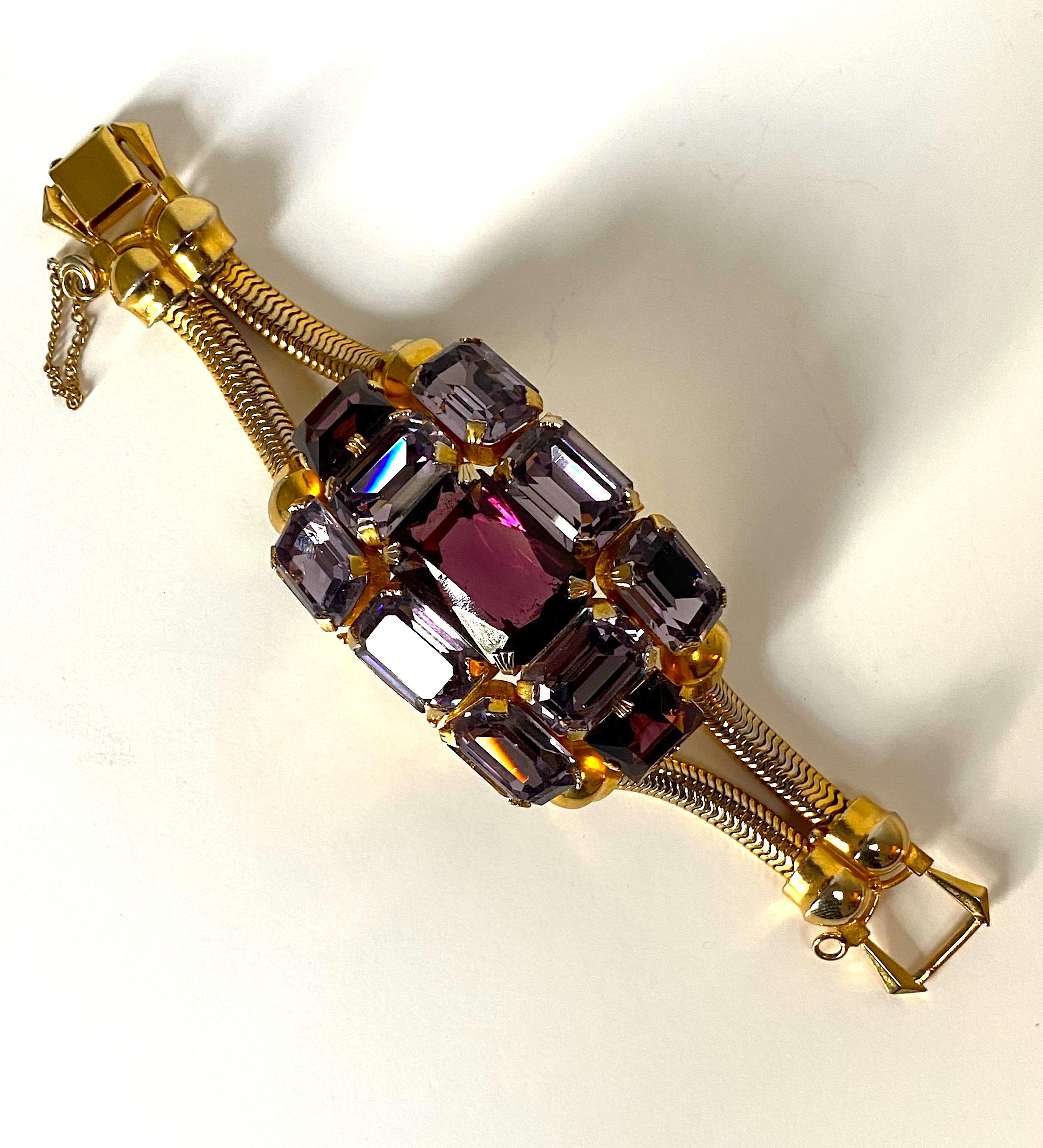 Emerald Cut Schreiner (Attr.) Gold, Purple Crystal and Lavender Rhinestone 1950s Bracelet