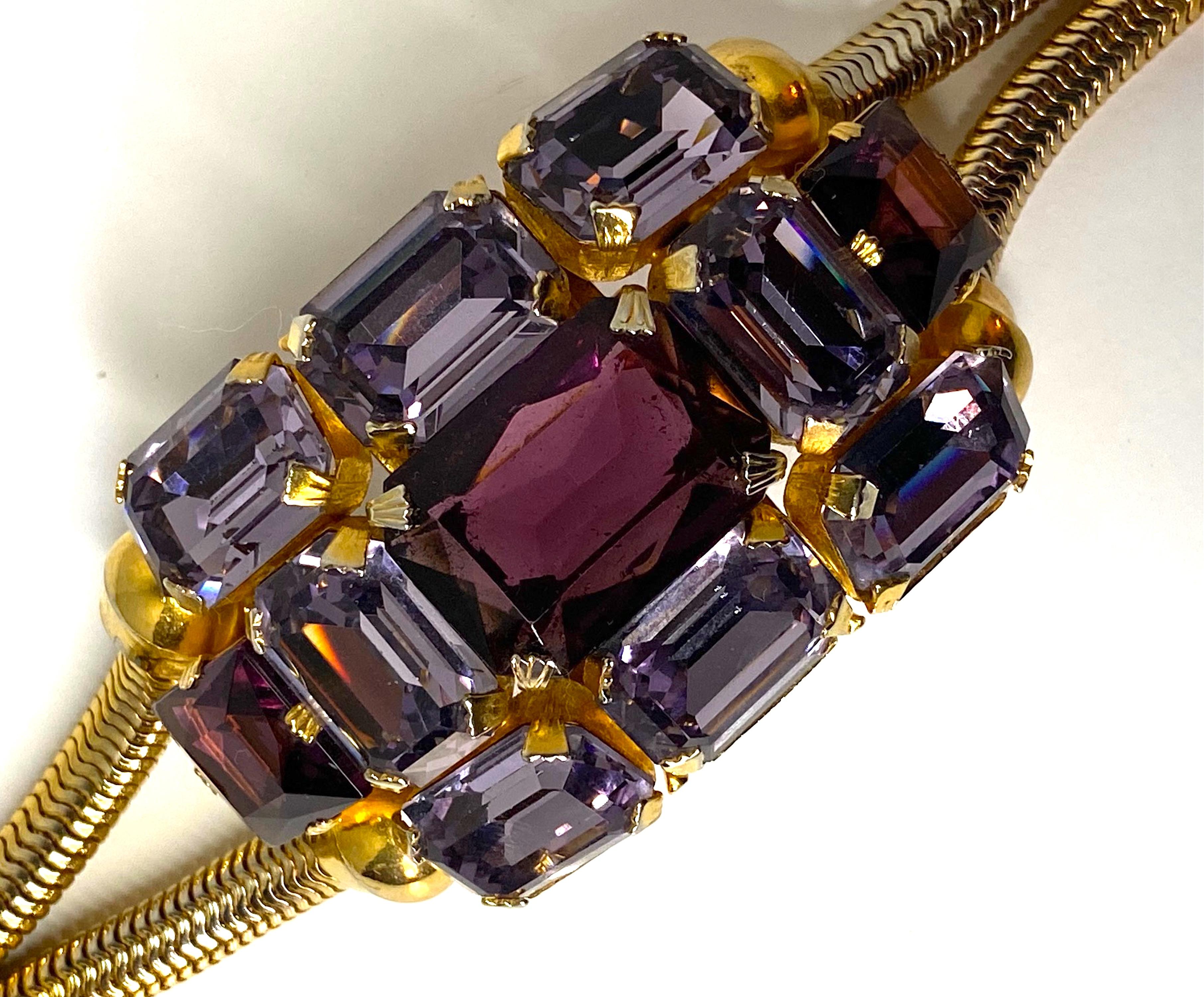 Schreiner (Attr.) Gold, Purple Crystal and Lavender Rhinestone 1950s Bracelet In Good Condition In New York, NY