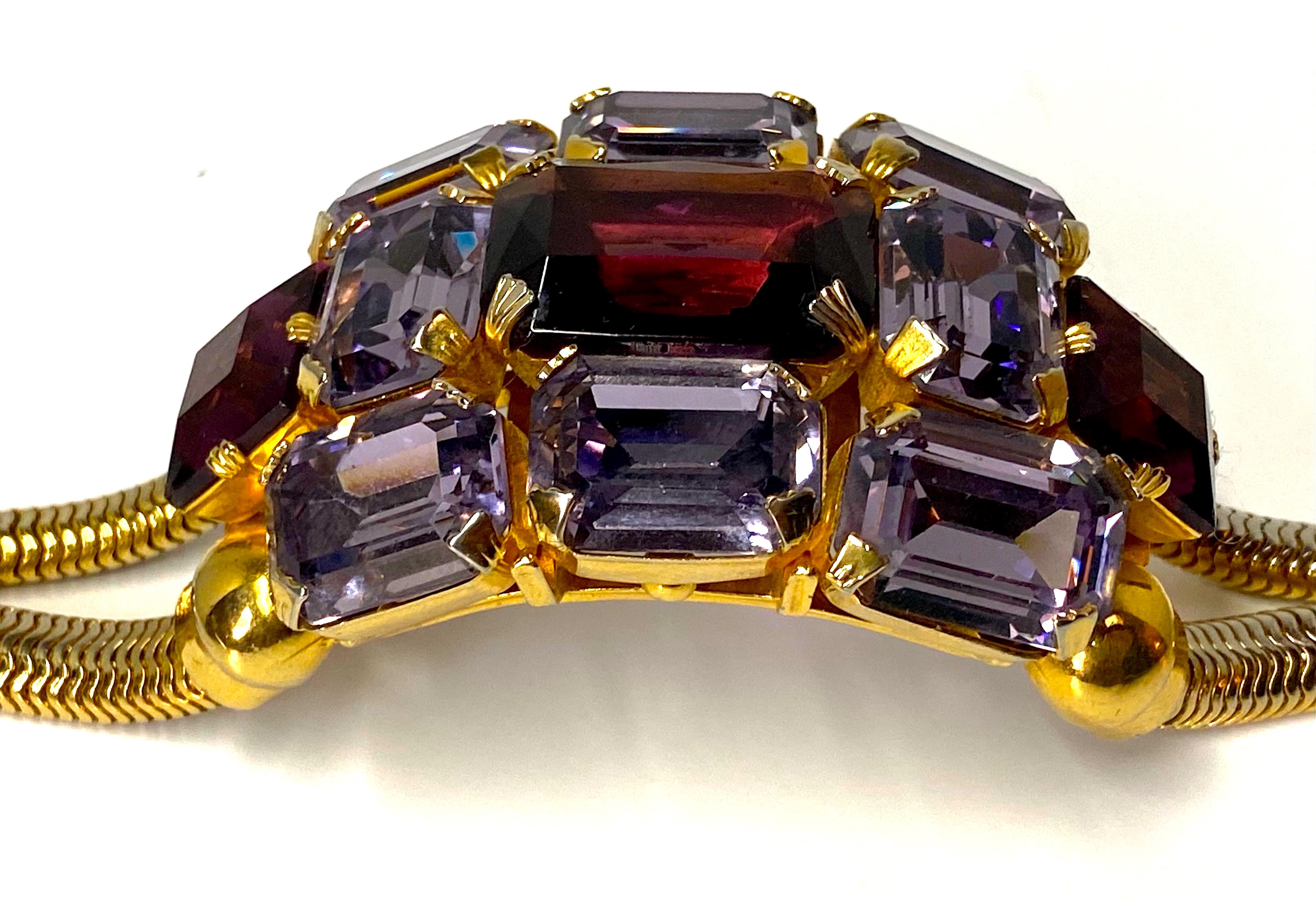 Women's Schreiner (Attr.) Gold, Purple Crystal and Lavender Rhinestone 1950s Bracelet