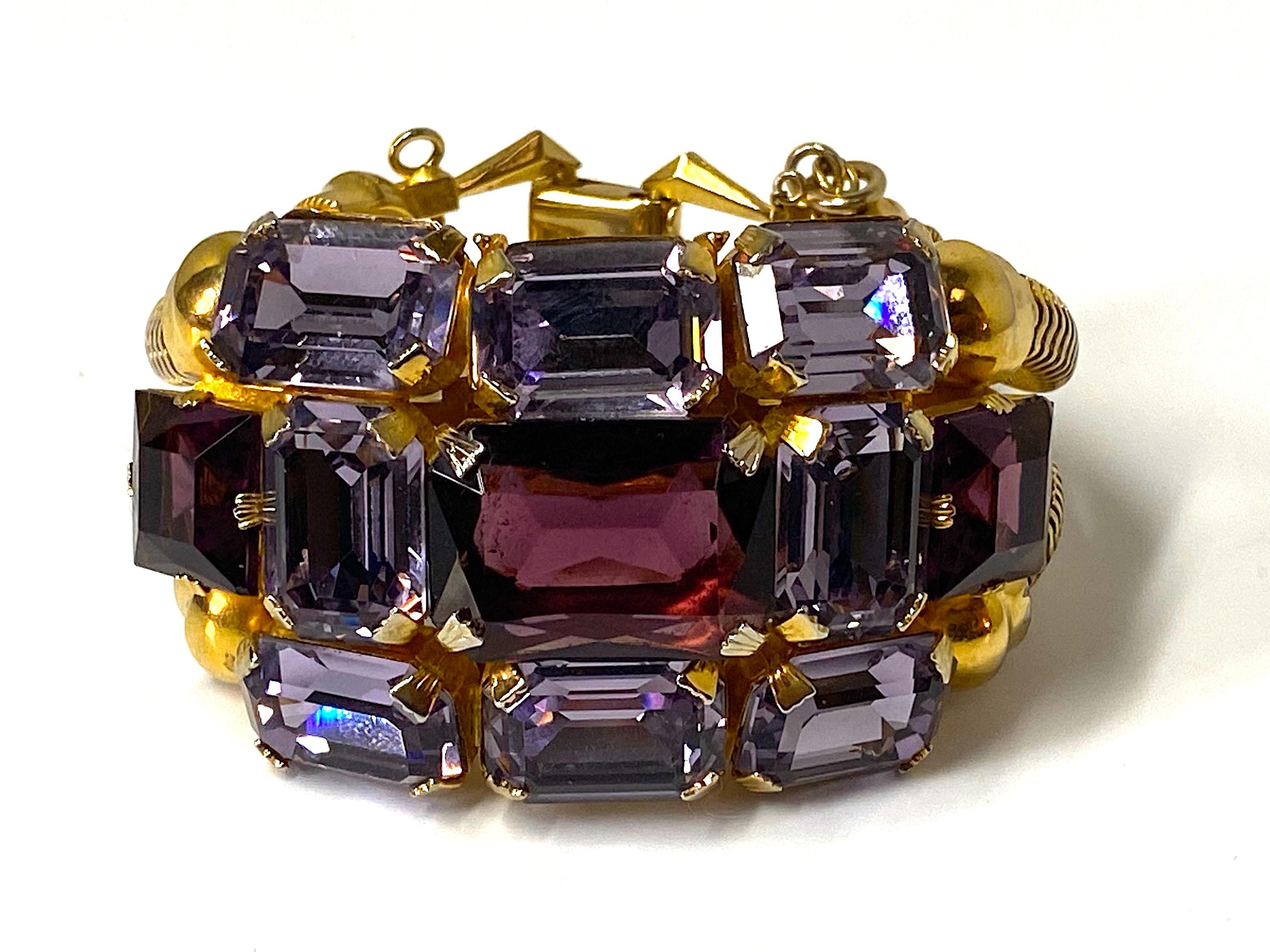 Schreiner (Attr.) Gold, Purple Crystal and Lavender Rhinestone 1950s Bracelet 1
