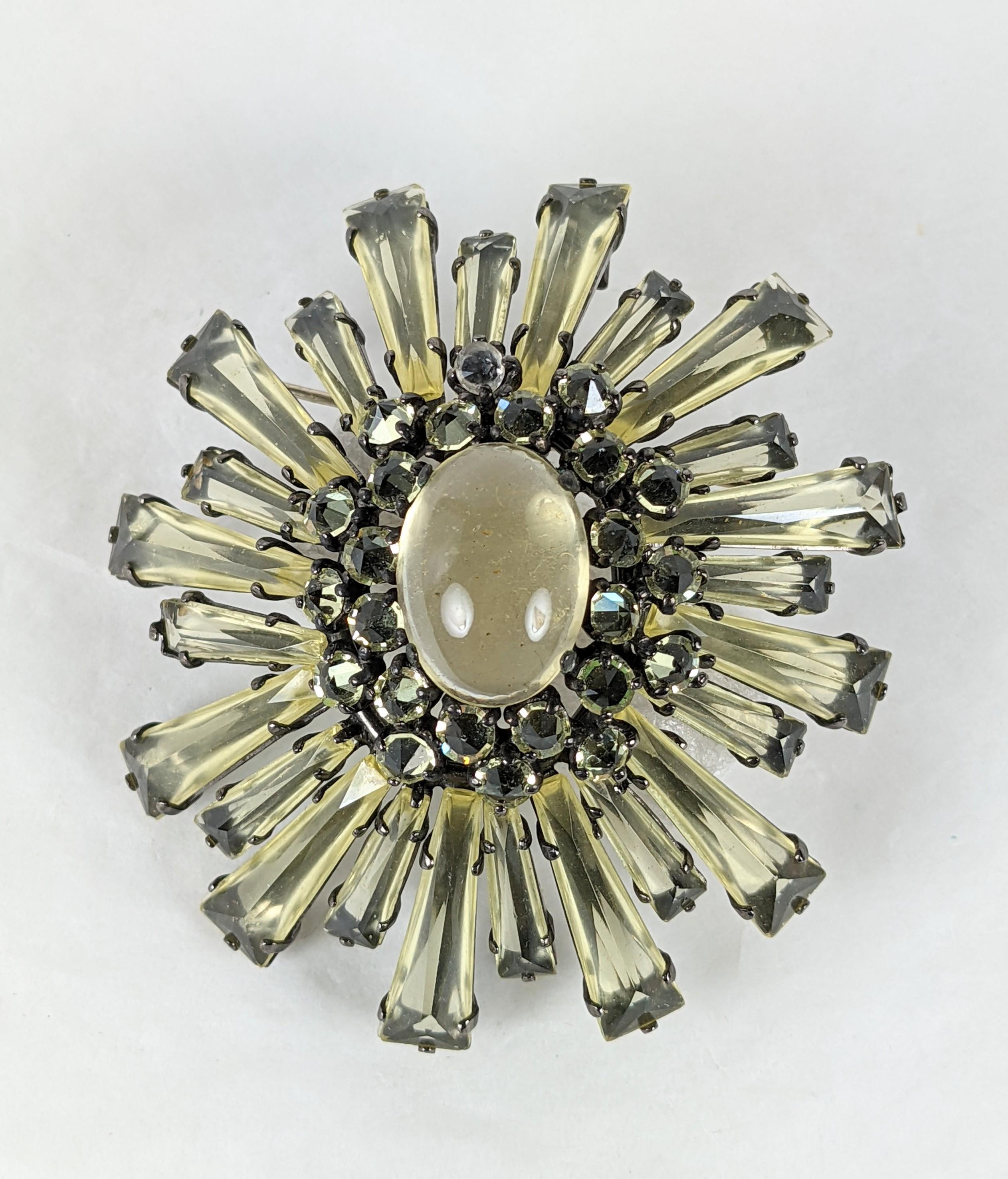 Collectible Schreiner Ruffle Brooch with signature kite shaped stones and a central cabochon all in tones of pale citrine crystal.  Elaborate 2 tier construction with pendant hook. Unsigned.
2.75