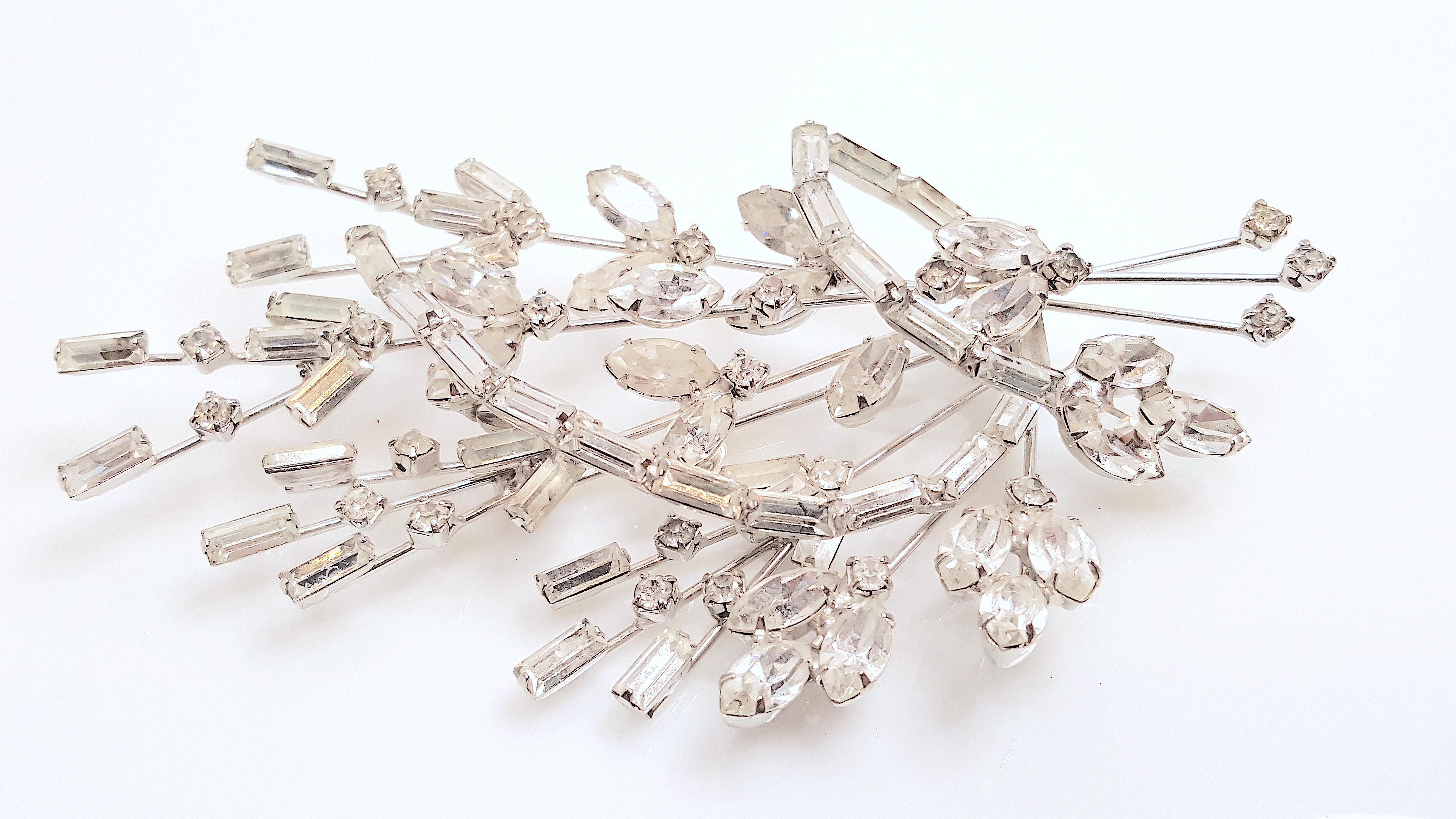 Victorian HenrySchreiner EarlySet ProngSetCrystal Silver Spray Tiered Earrings & Brooch  For Sale