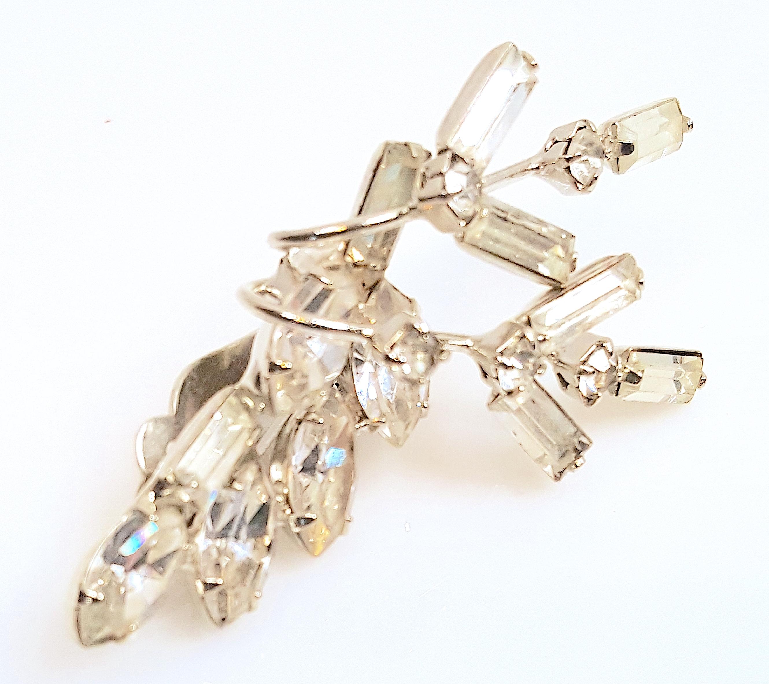 HenrySchreiner Early Set ProngSet Crystal Silver Spray Tiered Earrings & Brooch For Sale 1