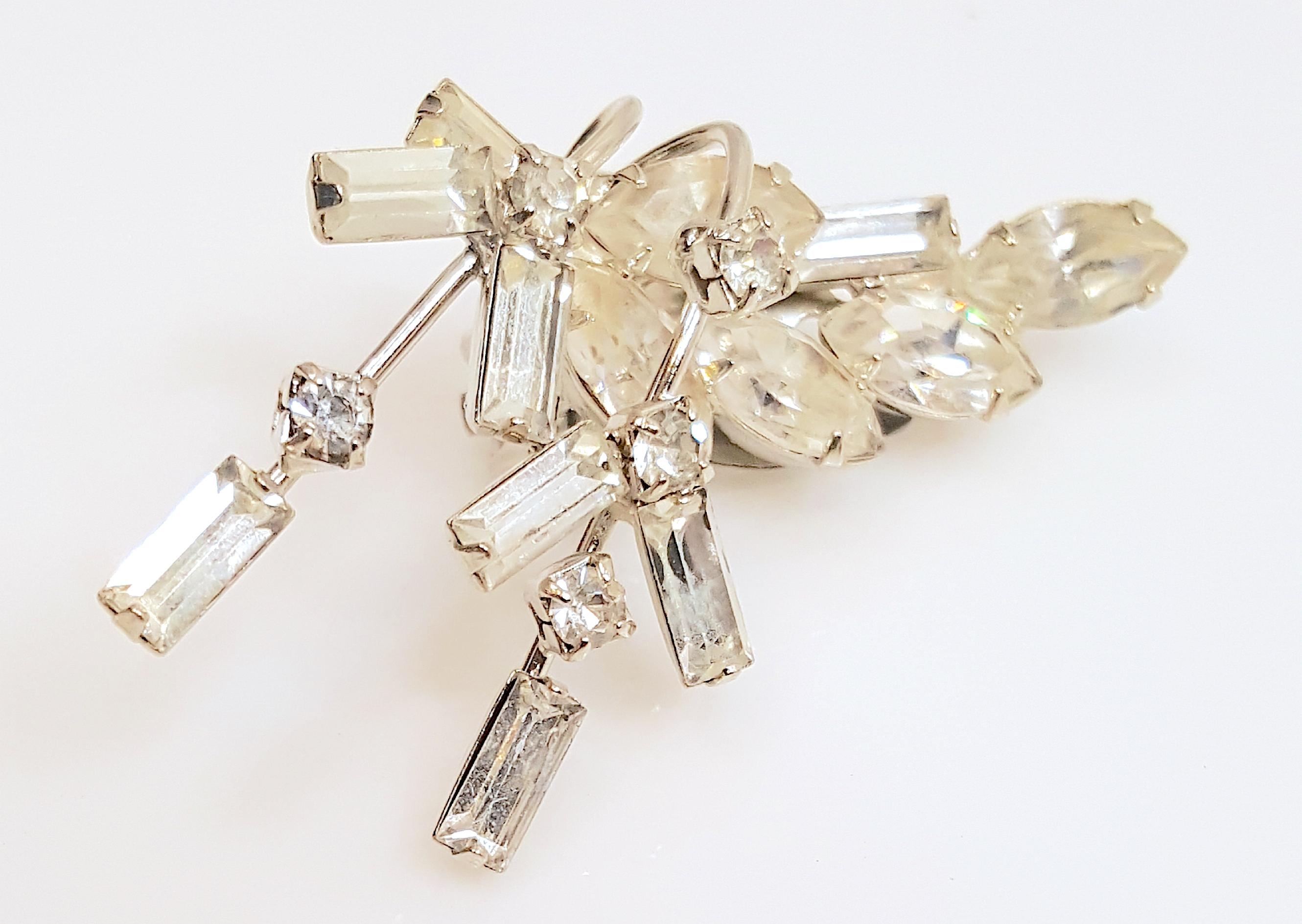 HenrySchreiner EarlySet ProngSetCrystal Silver Spray Tiered Earrings & Brooch  For Sale 4