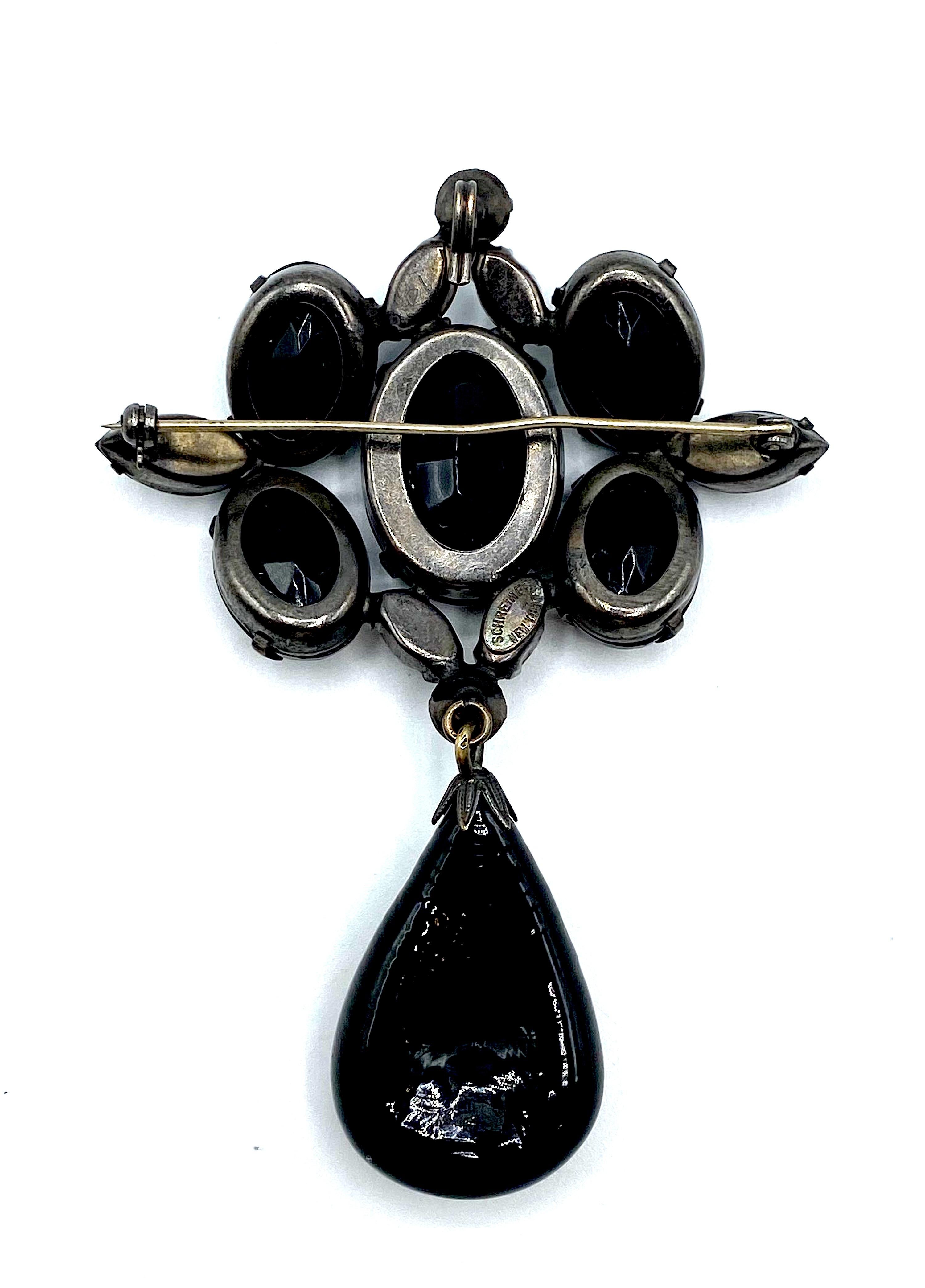 Schreiner New York 1950s Black Crystal & Glass Pendant Brooch 1
