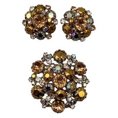 Retro Schreiner New York Aurora Borealis & Topaz Rhinestone Brooch and Earrings