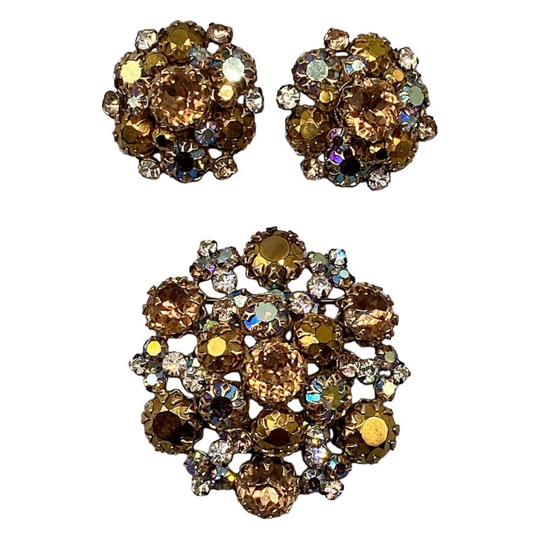 Broche Vintage Feuille – Strass Baguette Brun Et Aurora Boréalis – Bijou Fantaisie