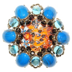 Schreiner New York Blue & Orange Poured Glass Floral Statement Brooch