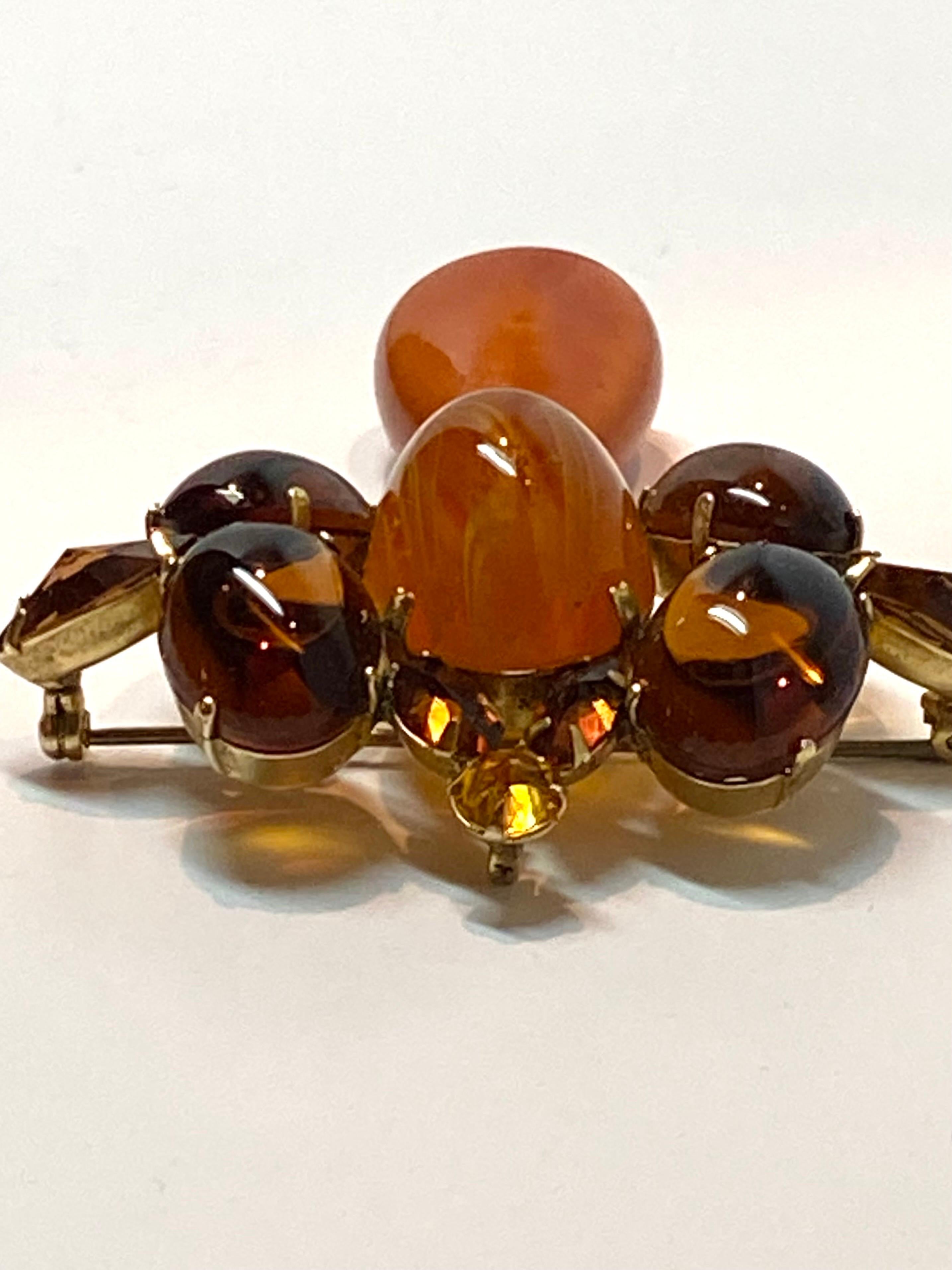 Schreiner of New York (Signed) 1950s Amber & Caramel Cabochon Pendant Pin 6