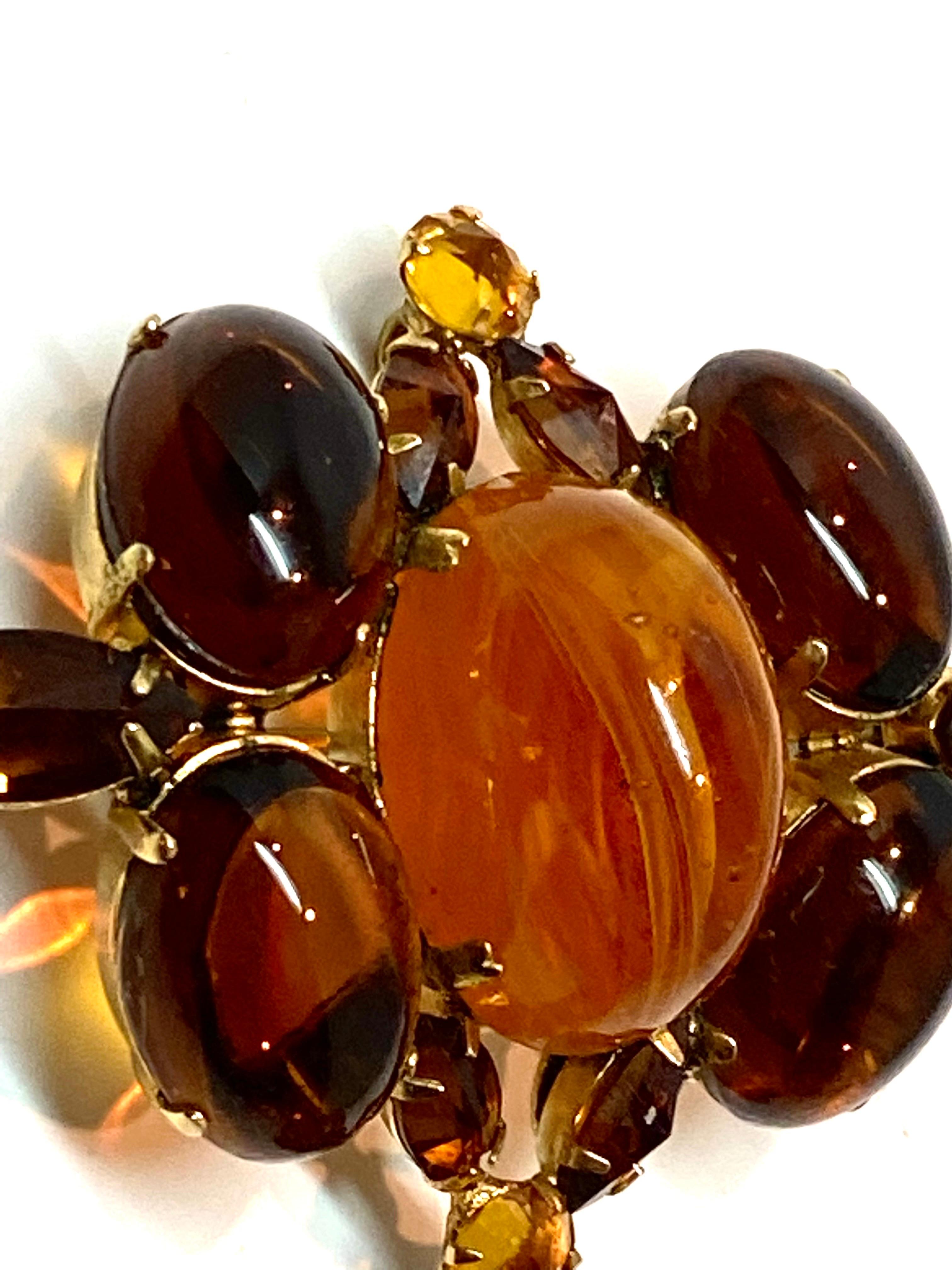 Schreiner of New York (Signed) 1950s Amber & Caramel Cabochon Pendant Pin 7