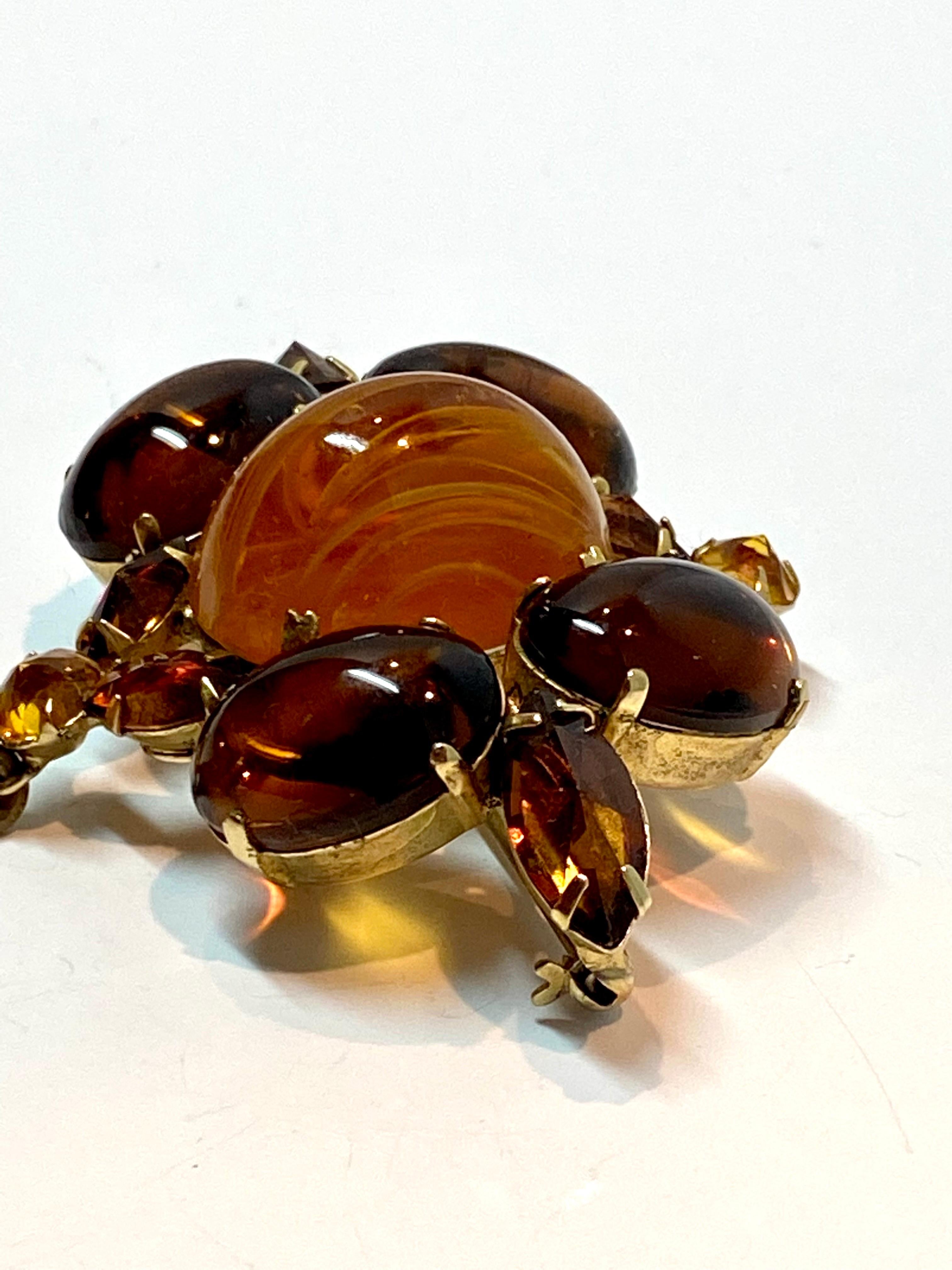 Schreiner of New York (Signed) 1950s Amber & Caramel Cabochon Pendant Pin 9
