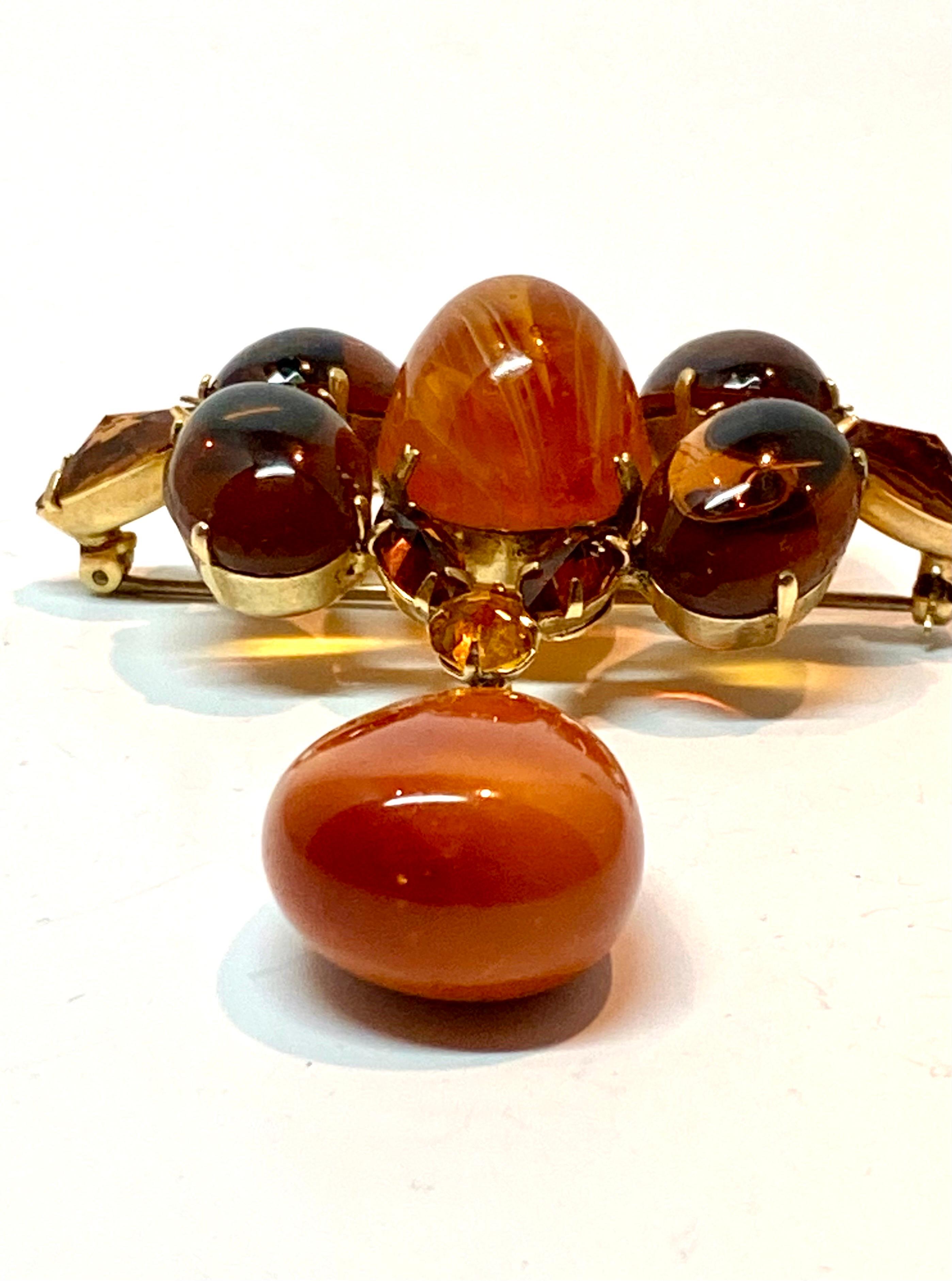 Schreiner of New York (Signed) 1950s Amber & Caramel Cabochon Pendant Pin 2