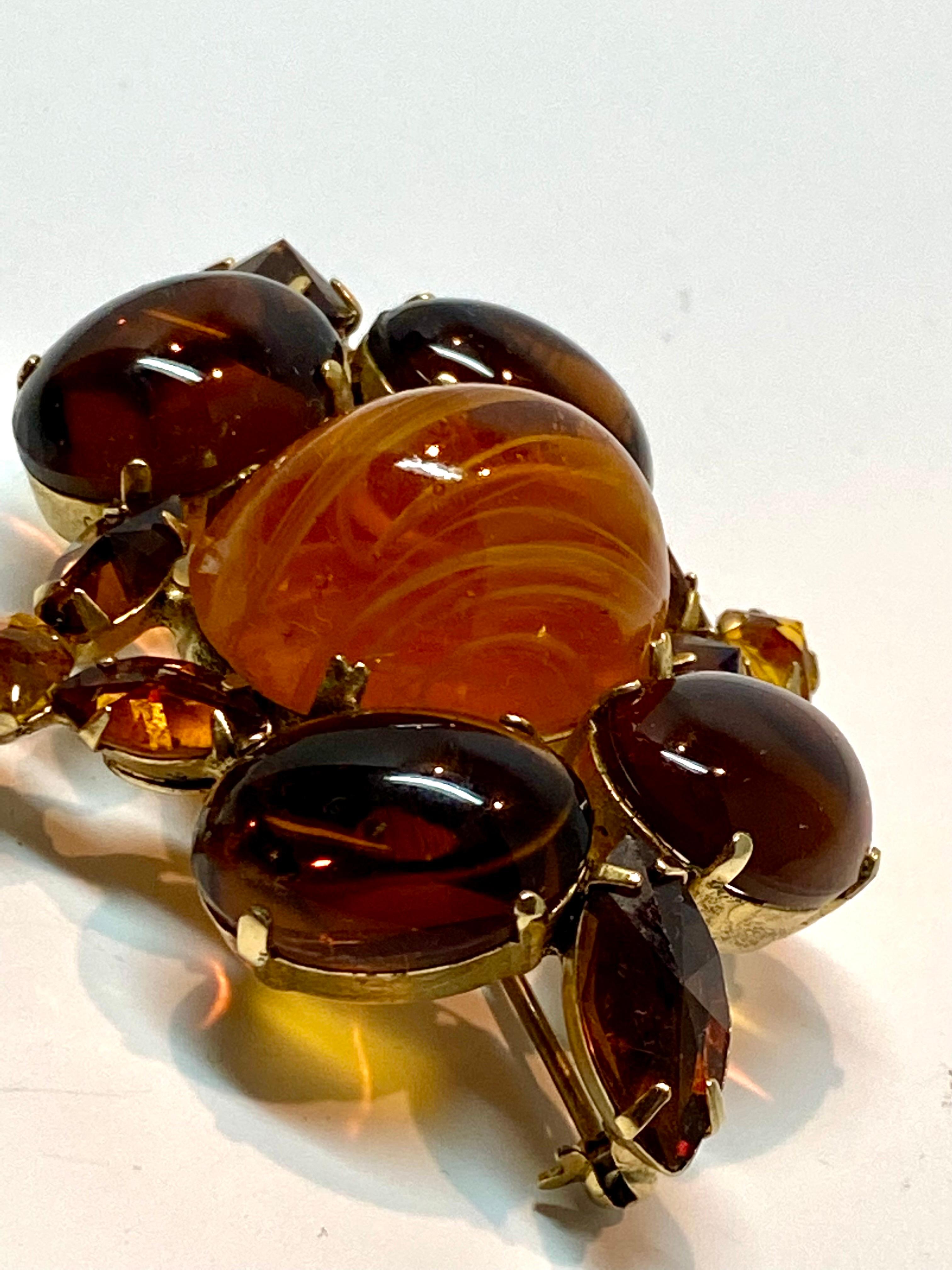 Schreiner of New York (Signed) 1950s Amber & Caramel Cabochon Pendant Pin 5