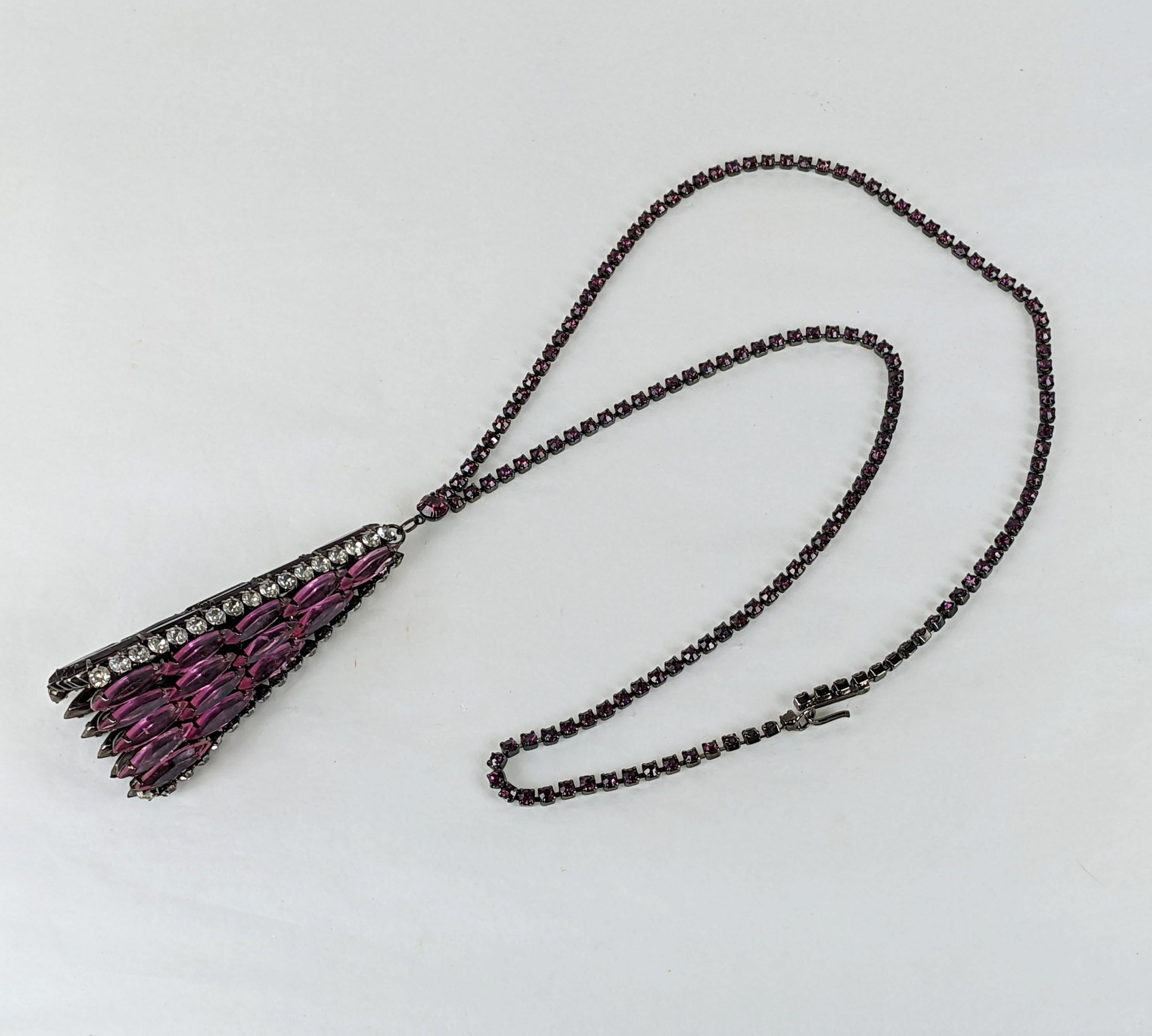 Rare Schreiner long tapered three sided triangular pendant necklace in blackened metal. Each triangle panel is composed of prong set signature long faceted  pointy marquise stones in black jet, amythest and vivid pink. The side spines of crystal