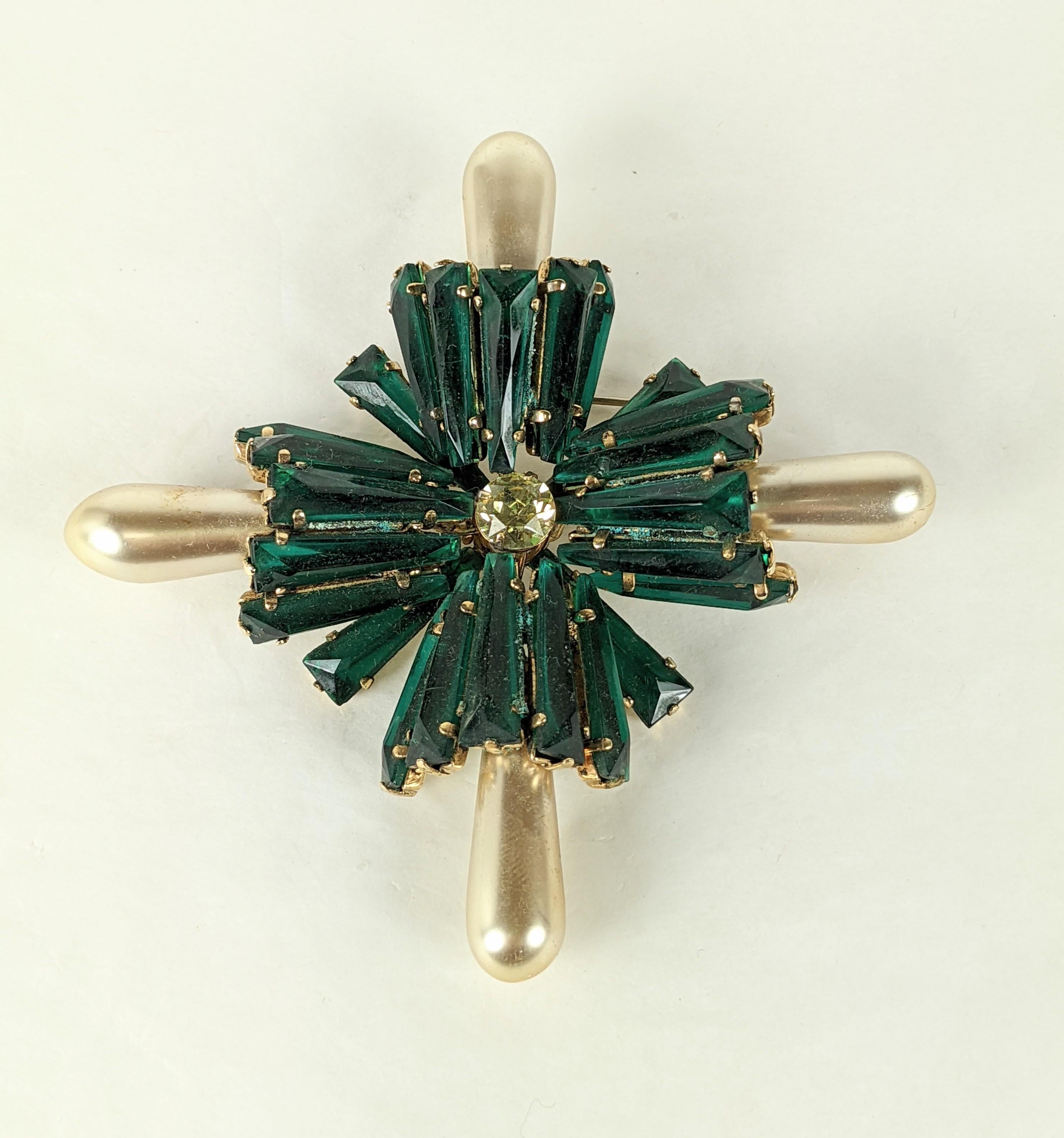 Rarest Schreiner Ruffle series Maltese cross brooch. Of staggered rows of signature inverted and tapered emerald keystone rectangle ruffle stones. Center brillant cut citrine and four large l elongated teardrop faux pearls forming the body of the