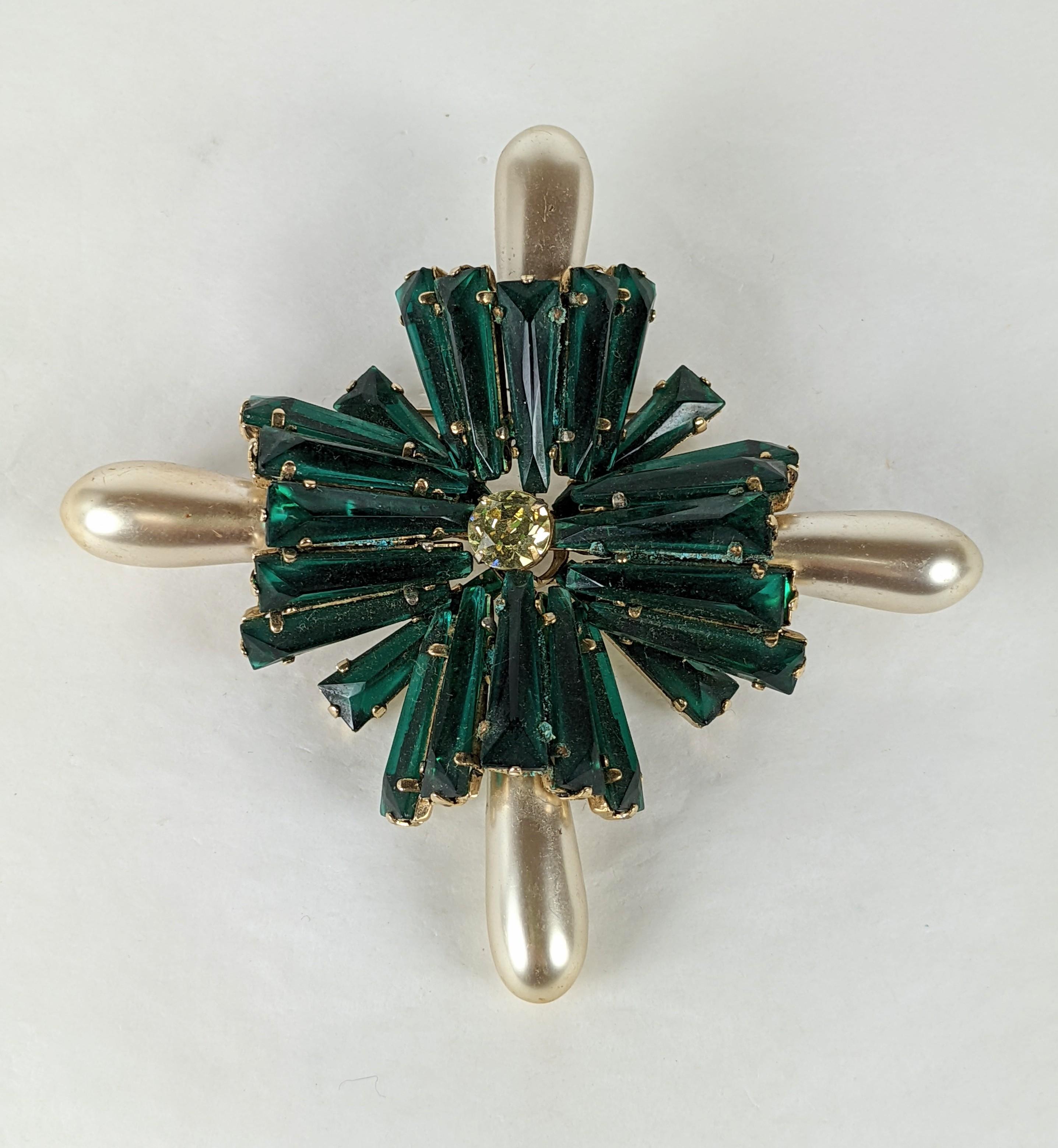 Rarest Schreiner Ruffle series Maltese cross brooch #2. Of staggered rows of signature inverted and tapered keystone emerald rectangle ruffle stones . Center brillant cut citrine and four large elongated teardrop faux pearls forming the body of the