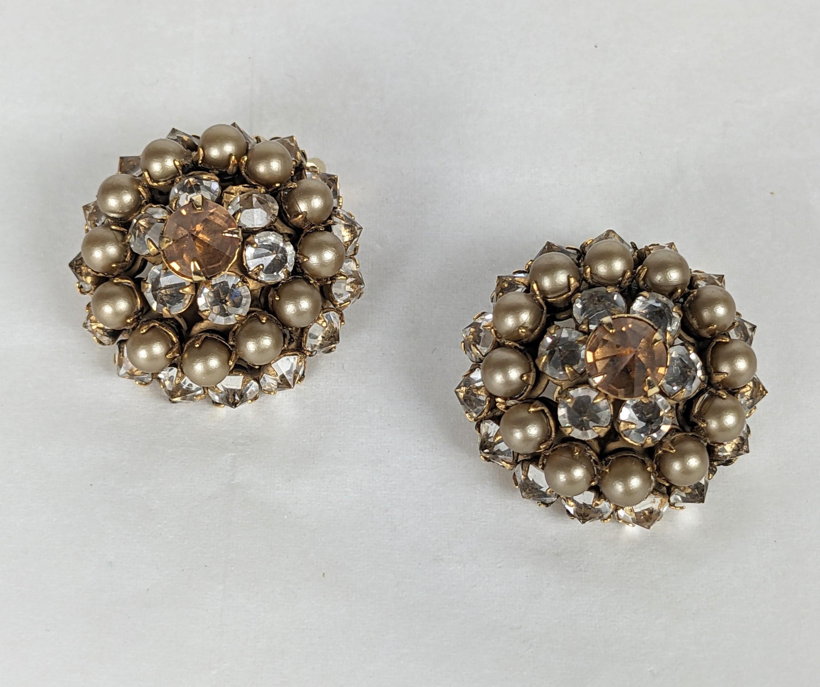 Schreiner Reverse Crystal and Faux Pearl Earrings from the 1950's. Reverse crystal settings with faux pearls and central citrine crystal. Clip back fittings, Unsigned. Approx .9