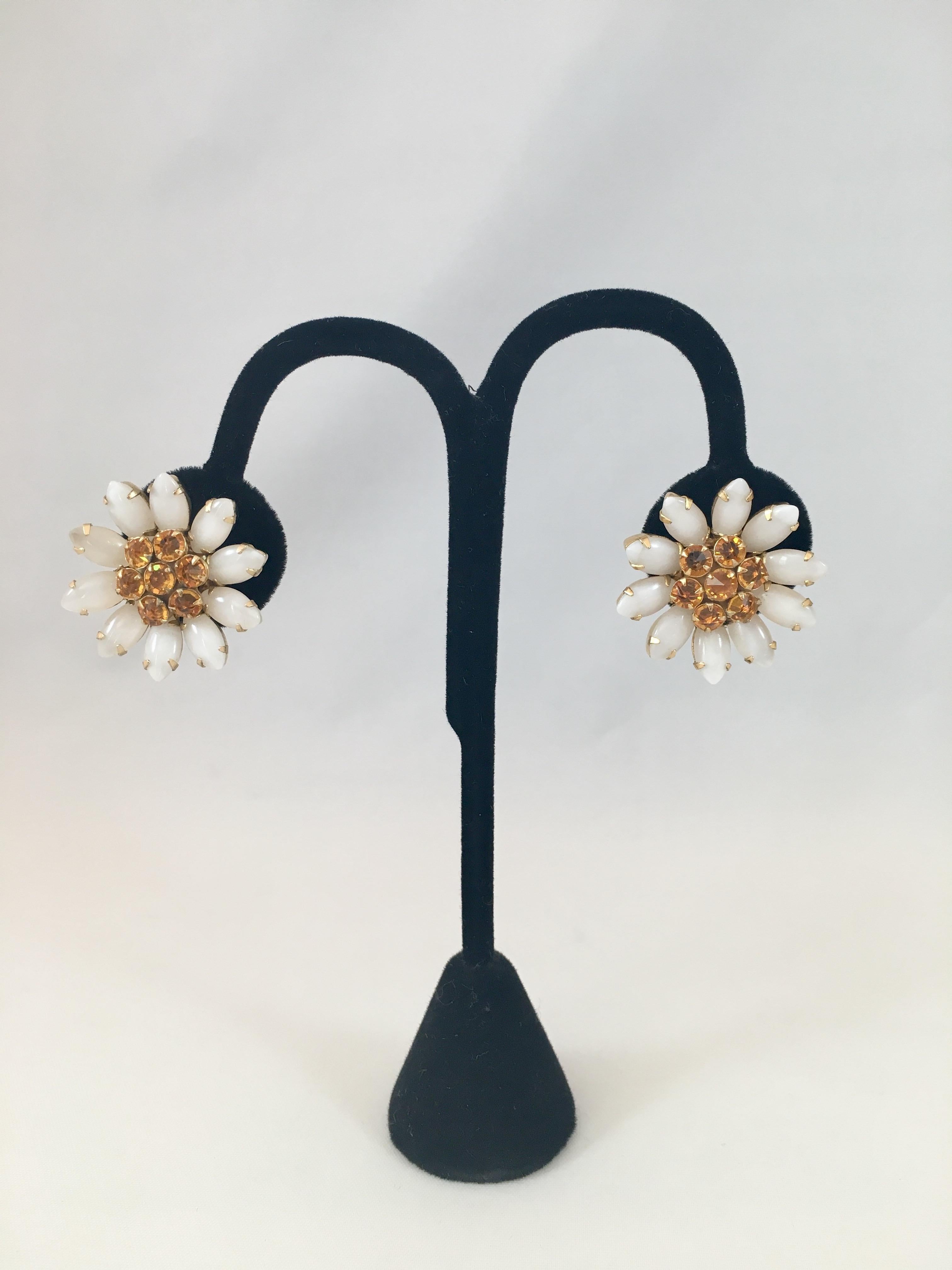 Schreiner White and Yellow Flower Earrings 1960s 1