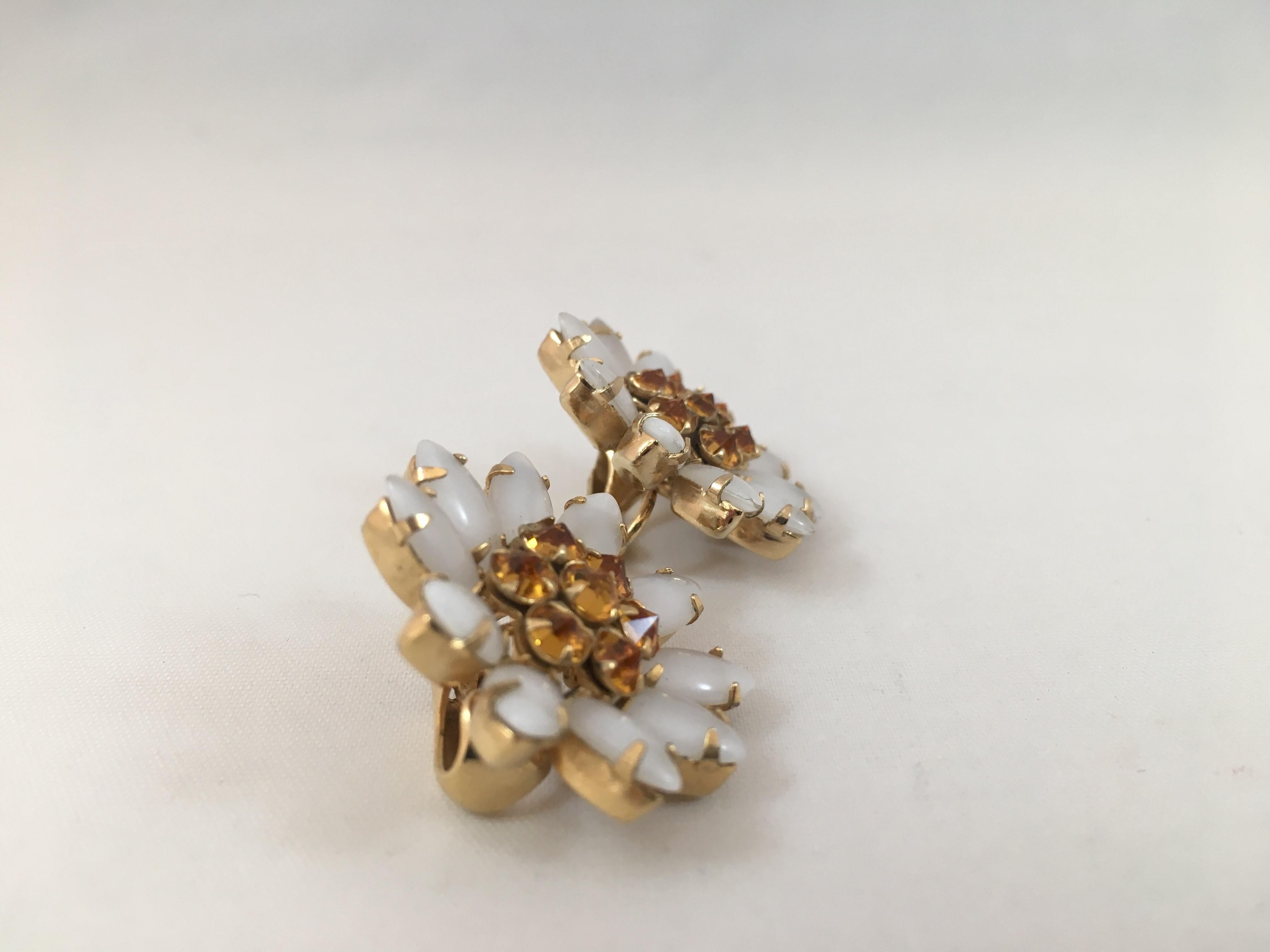 Schreiner White and Yellow Flower Earrings 1960s 2