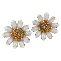 Schreiner White and Yellow Flower Earrings 1960s