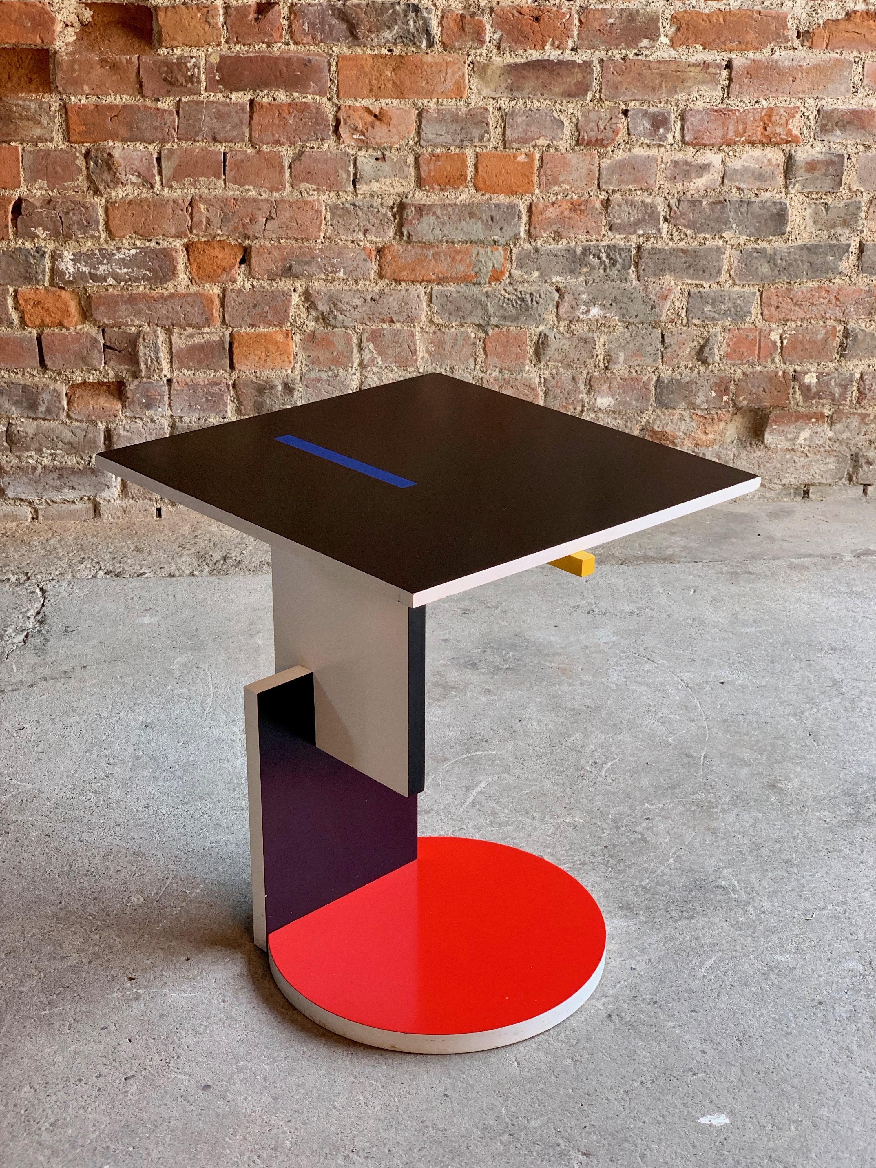 Schroeder 1 side table designed by Gerrit Rietveld by Cassina Italy, circa 1980.

Designed in 1922-23 for the eponymous house in Utrecht, Rietveld continues the De Stijl theme of the Red Blue Chair with this side table. Made from beechwood with