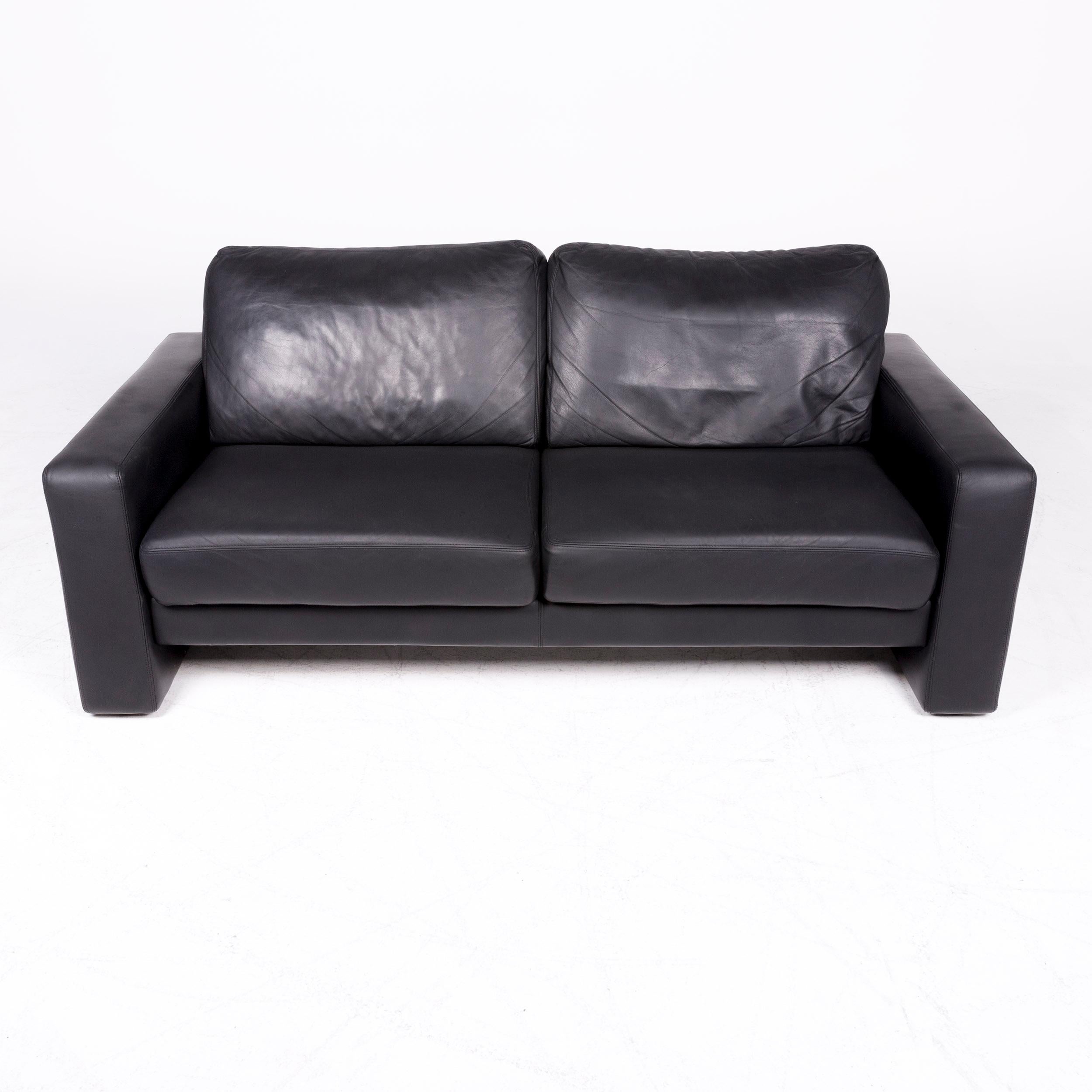 European Schröno Designer Leather Sofa Black Genuine Leather Two-Seat Couch