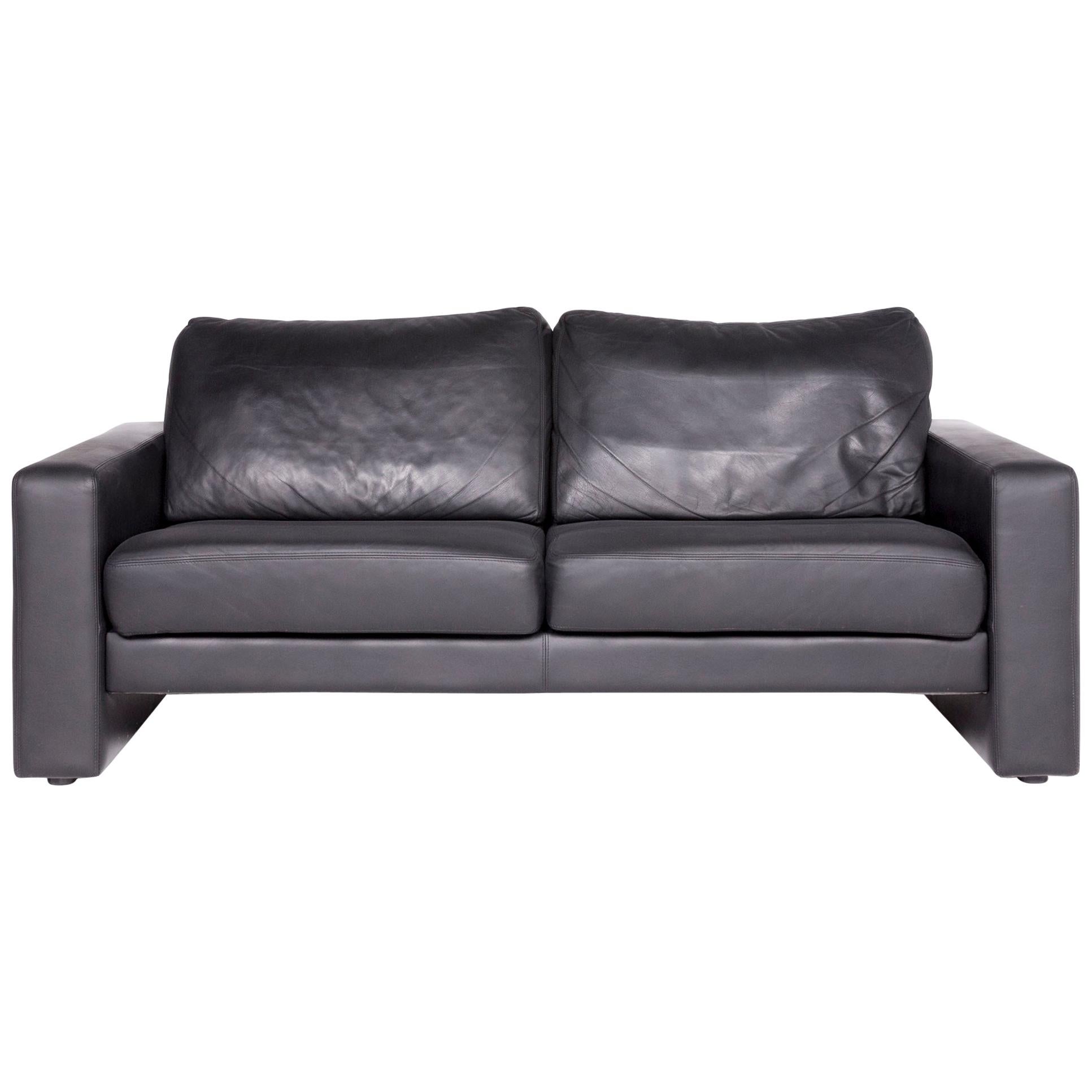 Schröno Designer Leather Sofa Black Genuine Leather Two-Seat Couch