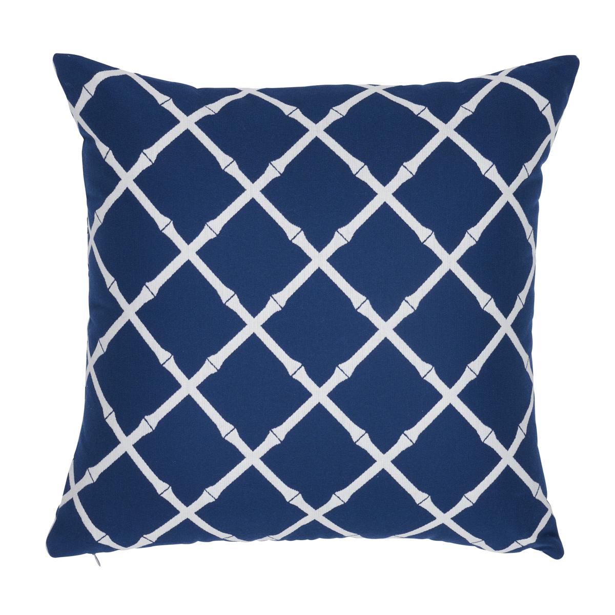This pillow features Bamboo Trellis Indoor/Outdoor with a knife edge finish. Look no further than Bamboo Trellis Indoor/Outdoor fabric in navy for a classic mid-scale lattice with more than a hint of Hollywood glamour. Pillow includes a polyfill