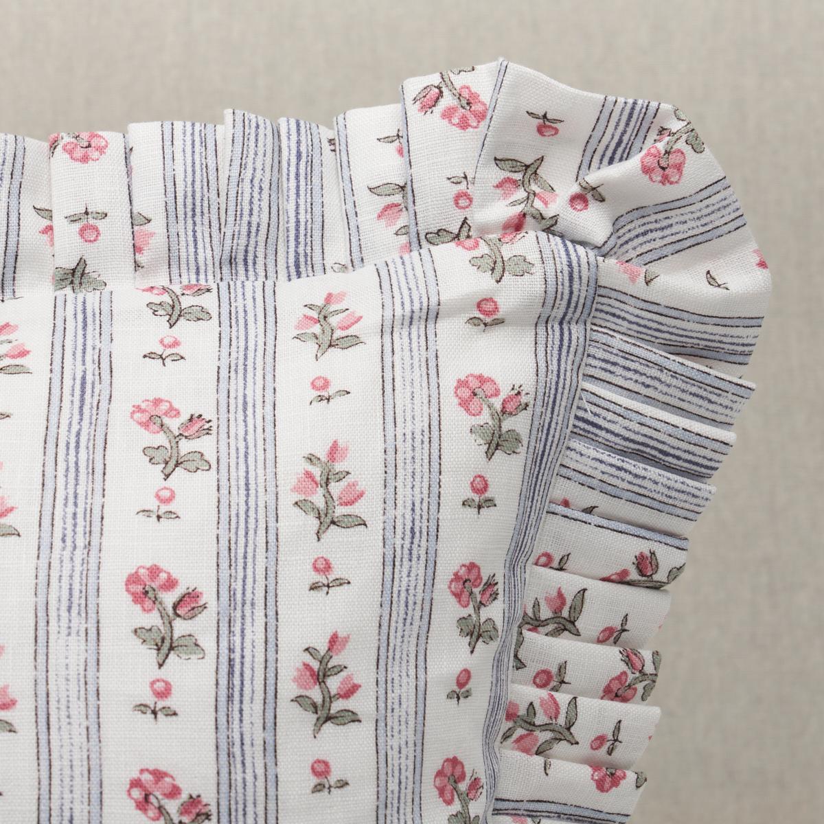 This pillow features Cabanon Stripe with a fringe finish. A classic combination of flowers and stripes, this delicate small-scale design has a lovely handprinted look. Cabanon Stripe fabric in rose is wonderfully charming and easy to use. Pillow