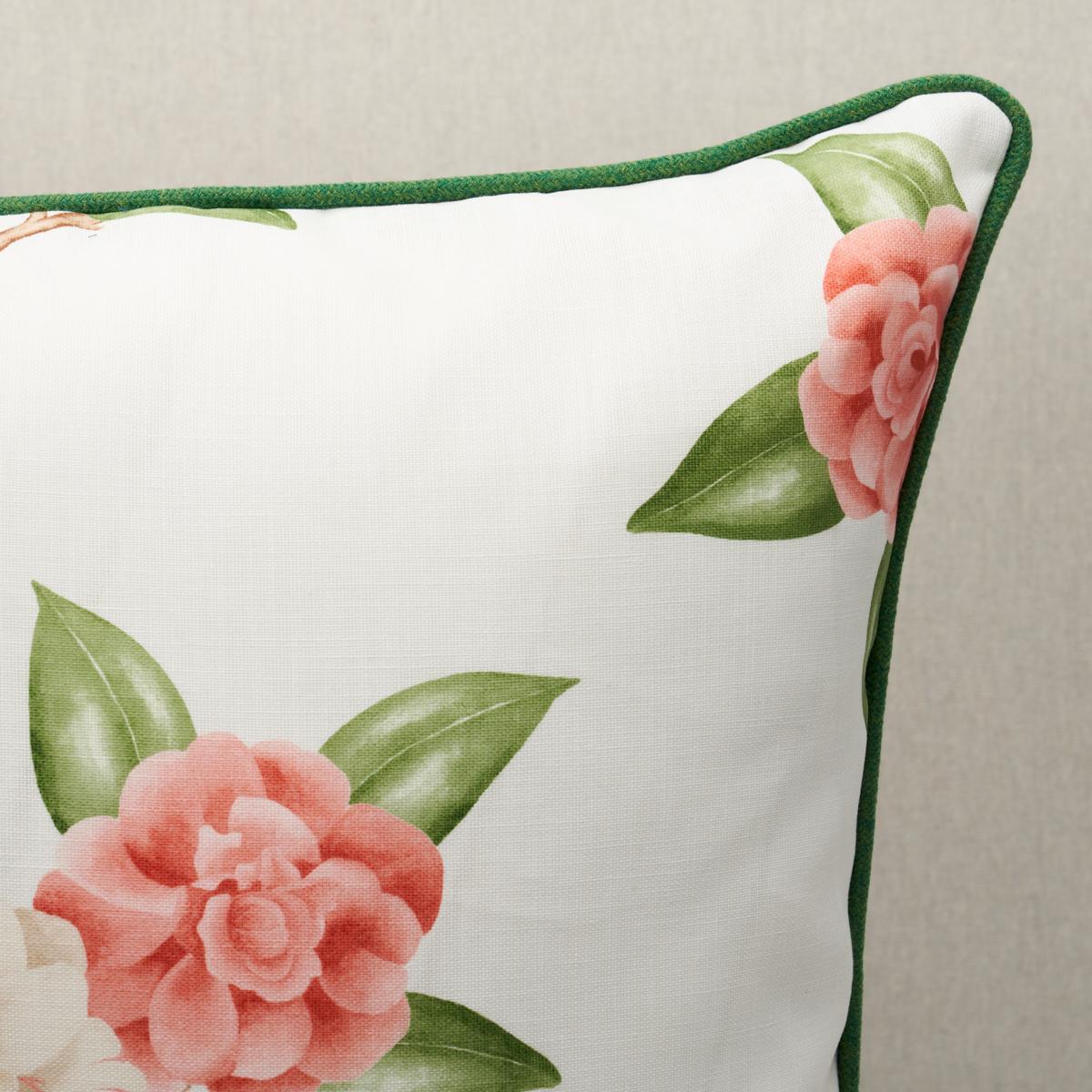 This pillow features Casablanca Floral Indoor/Outdoor. Based on original hand-painted artwork, Casablanca Indoor/Outdoor in coral is an open mid-scale floral that evokes Hollywood Regency glamour. Pillow is finished with a welt in Eubie Lip Cord.